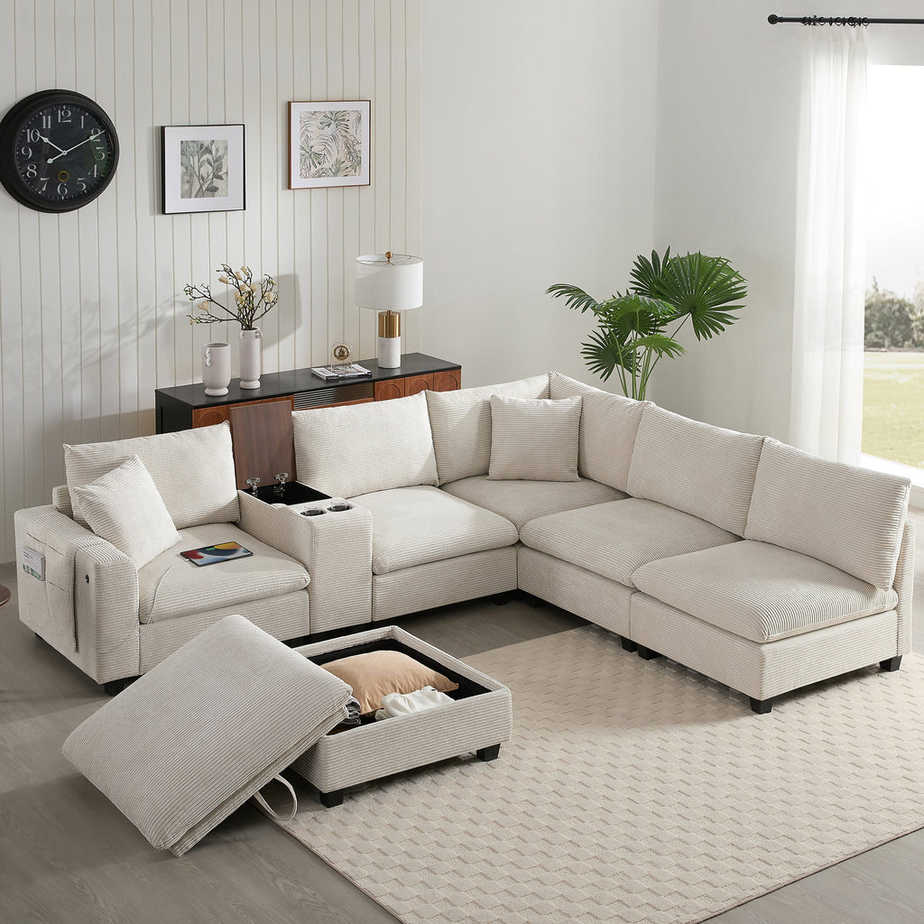 Sectional Sofa U-Shape Corduroy Beige 6 Seat Storage Ottoman USB 140 In