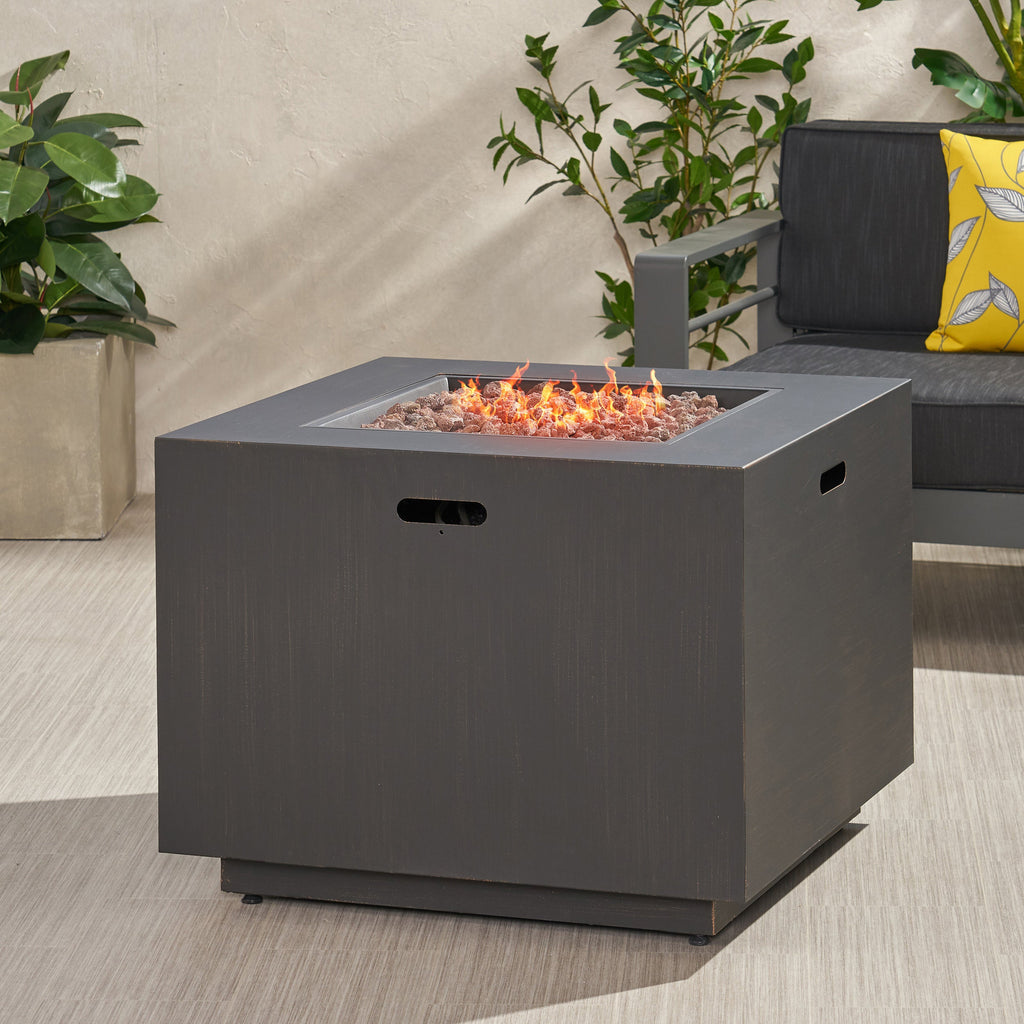 33' Outdoor Iron Square Propane Fire Pit, Tank Inside, Brushed Brown 50,000 BTU