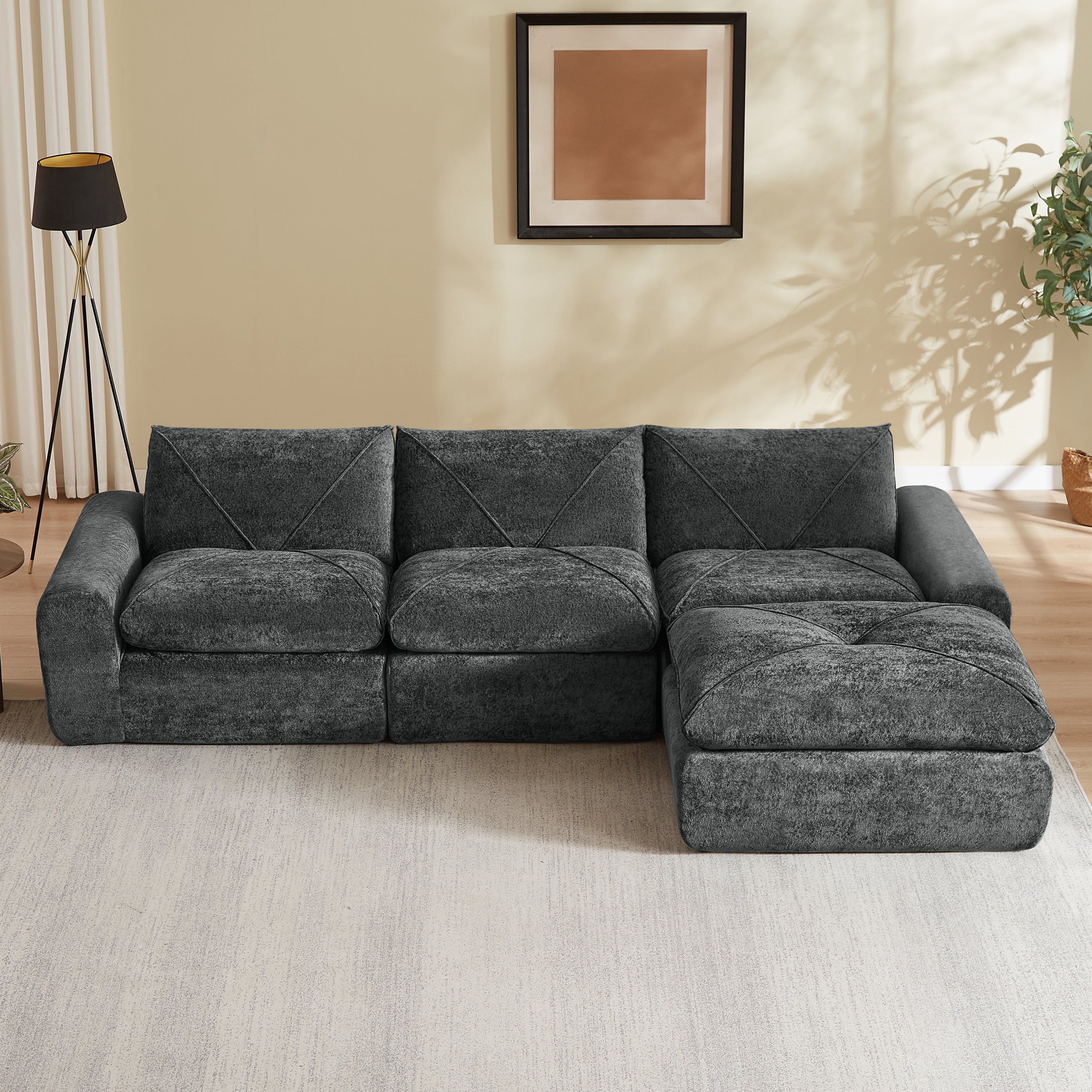 Sofa Modern Chenille Dark Gray 4 Seat Built-In Footrest 119 In
