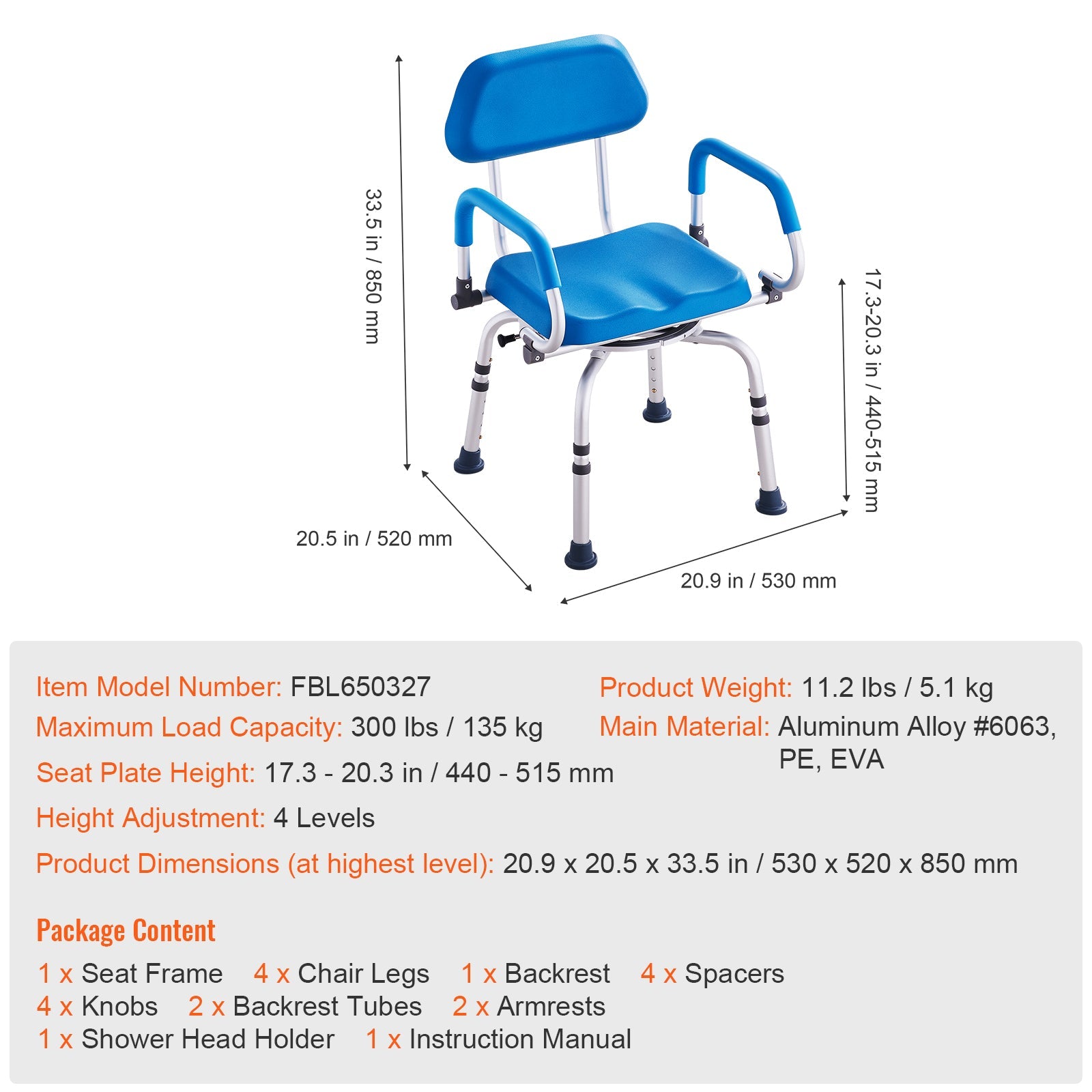 Shower Chair 360 Degree Swivel Padded PU Seat Aluminum 300 LB Blue