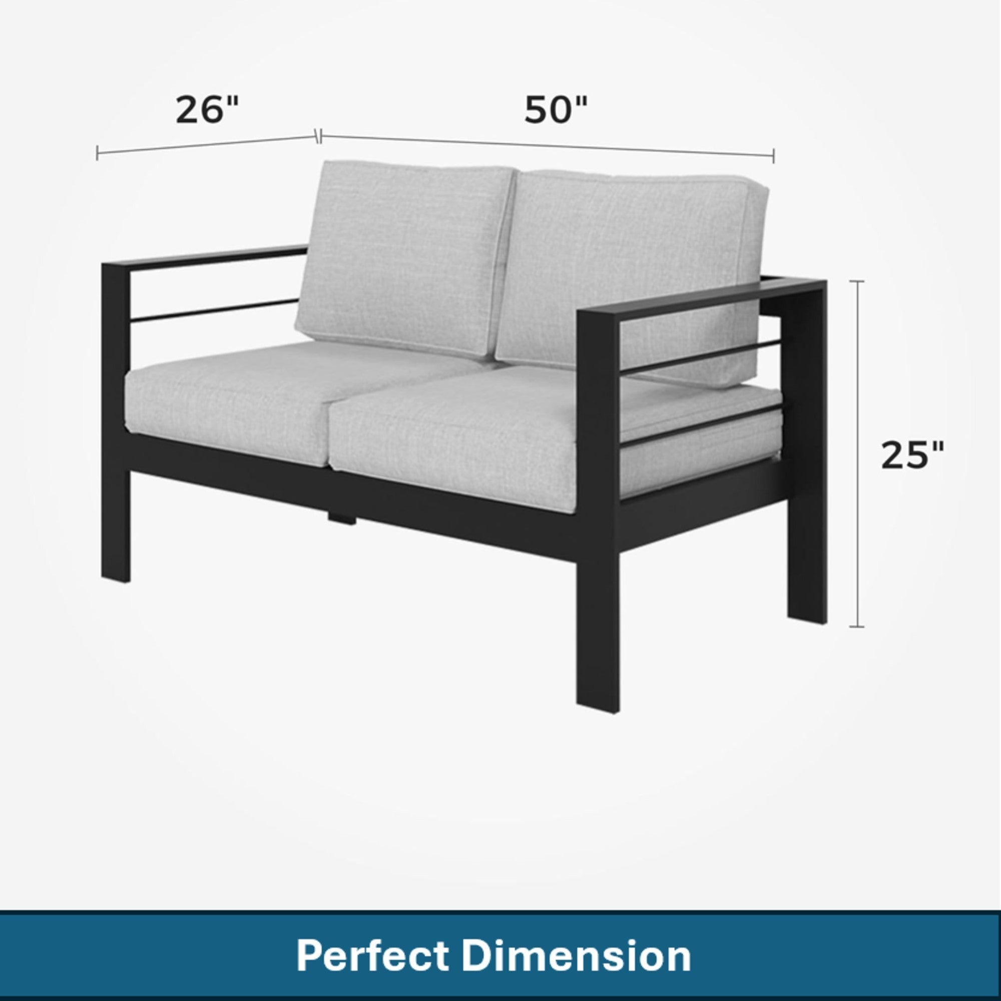 Outdoor Loveseat Aluminum Black Gray Cushion 50in 600 lb Capacity