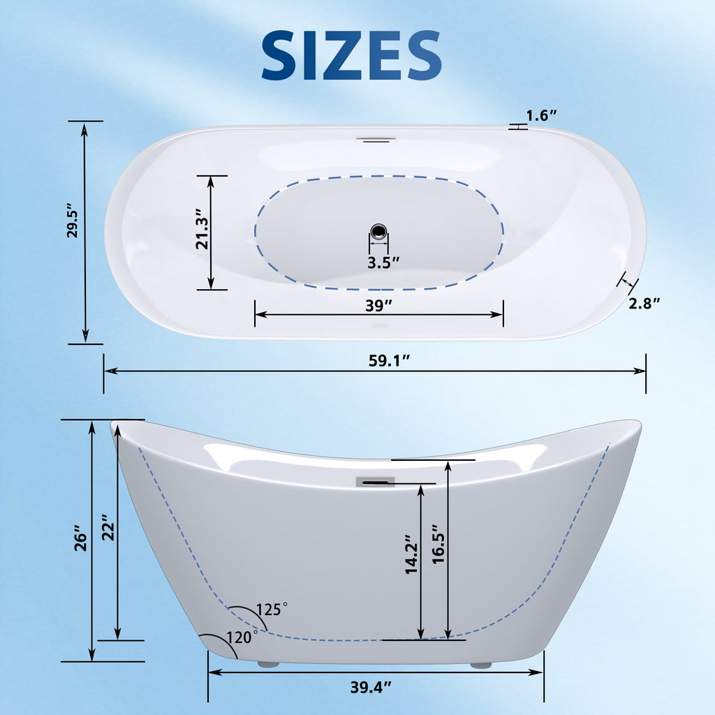 Modern Acrylic Freestanding Tub, Gloss White, Chrome Overflow and Pop-Up Drain
