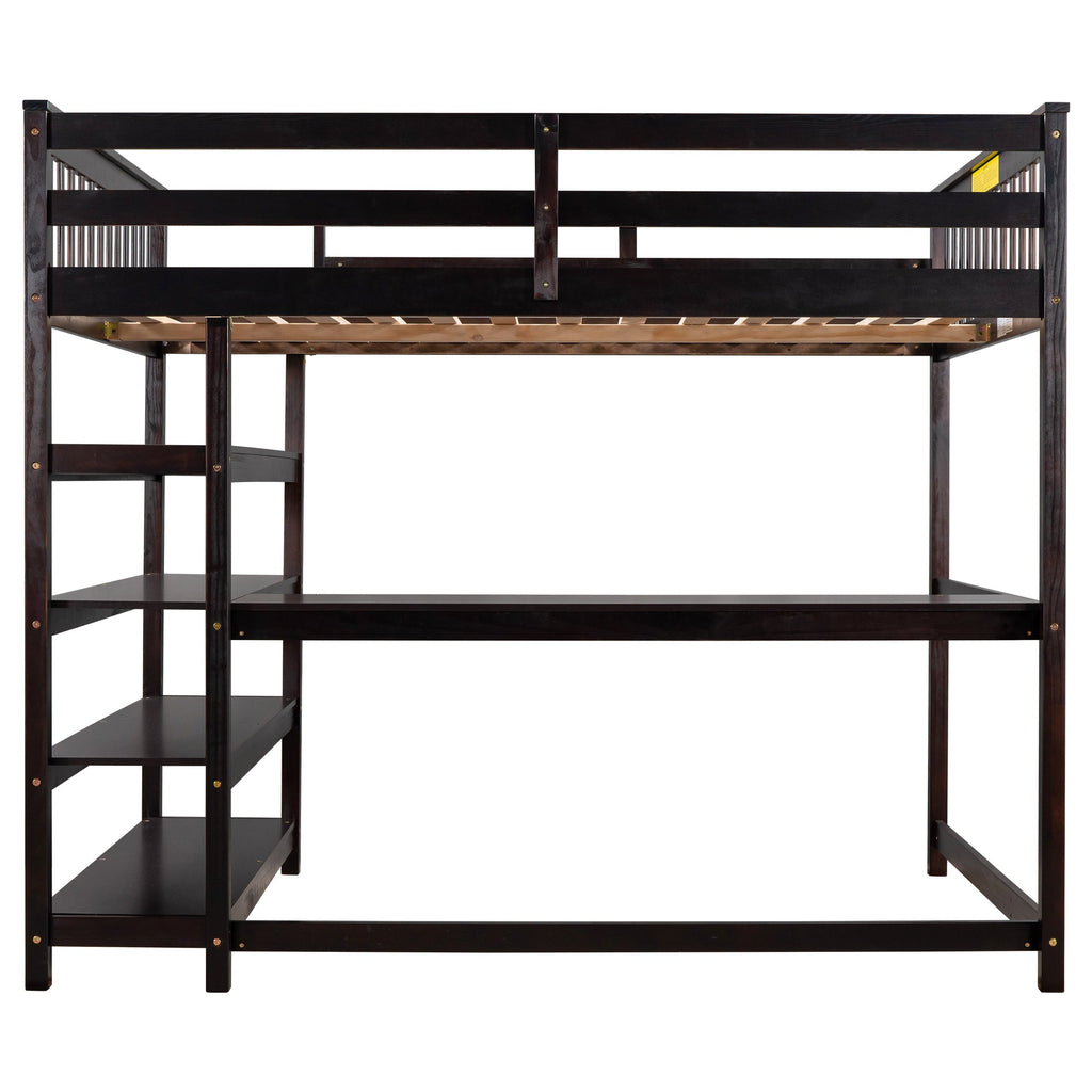 Espresso Full Size Loft Bed with Storage Shelves and Under-bed Desk, Solid Pi...