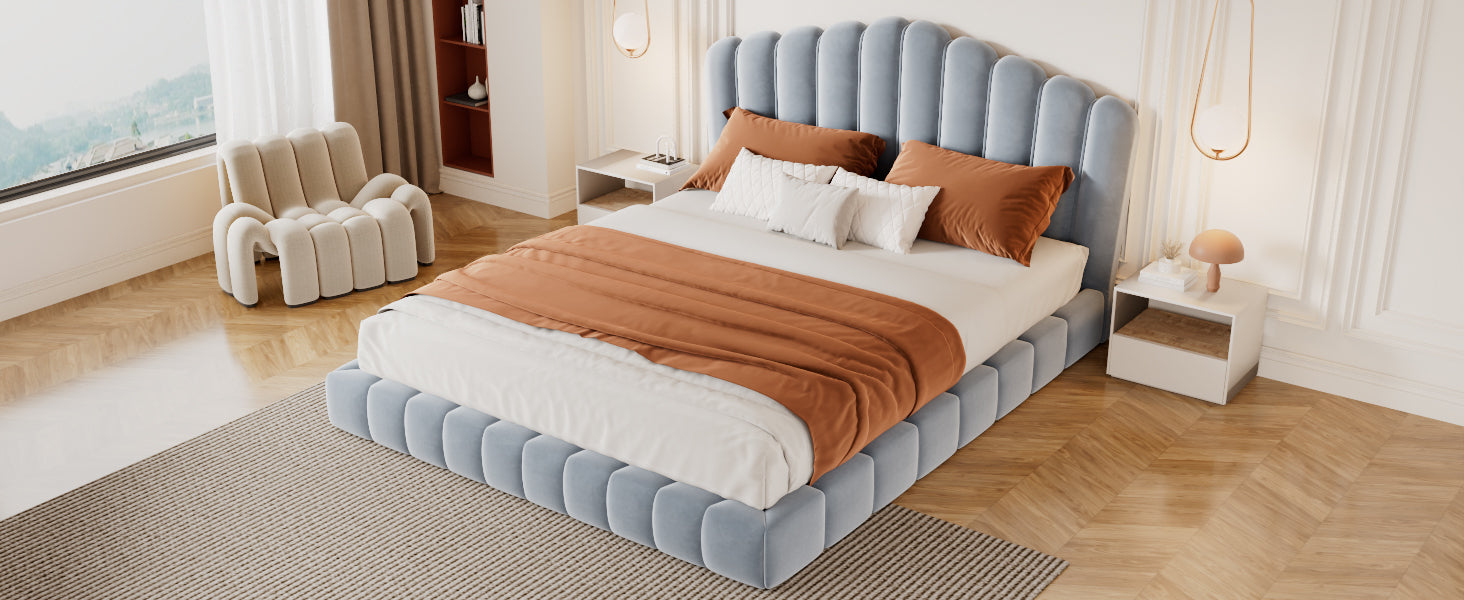 Velvet Upholstered Queen Bed Frame with Shell-Shaped Headboard, Light Blue