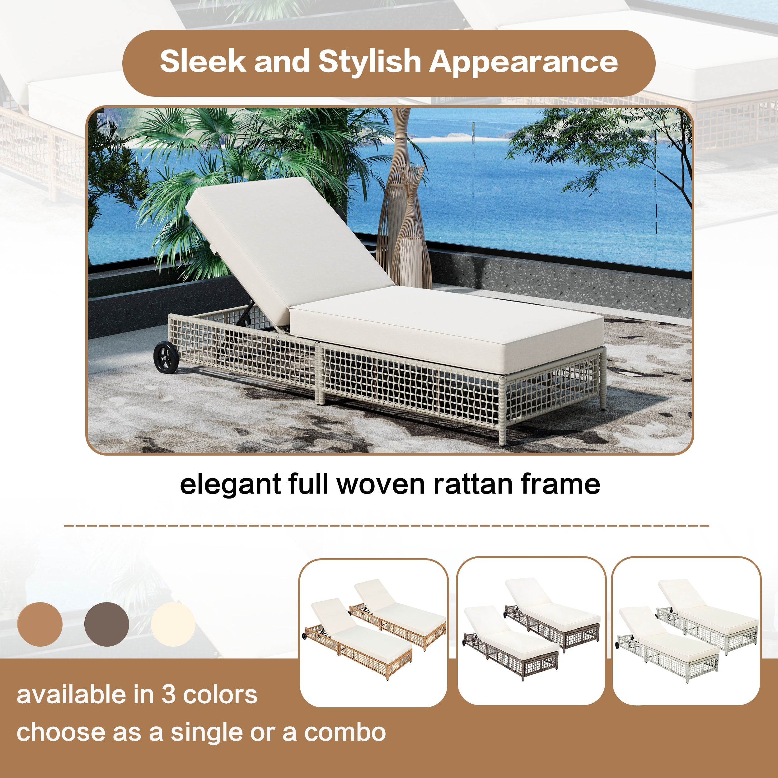 Outdoor Lounge Chair, 5-Position Adjustable Rattan Chaise with Cushion and