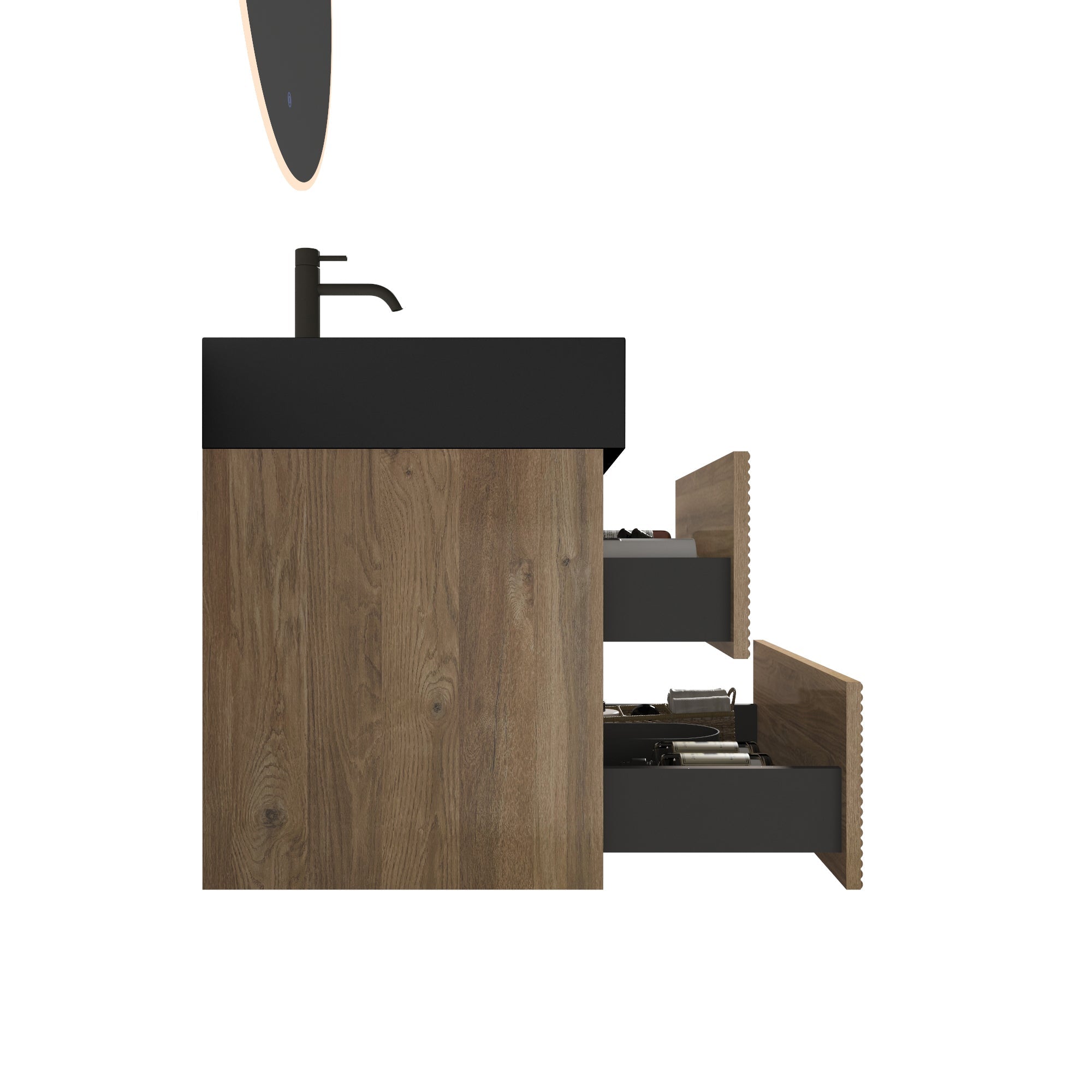 24' Floating Bathroom Vanity with Matte Black Quartz Sink and Oak Drawers