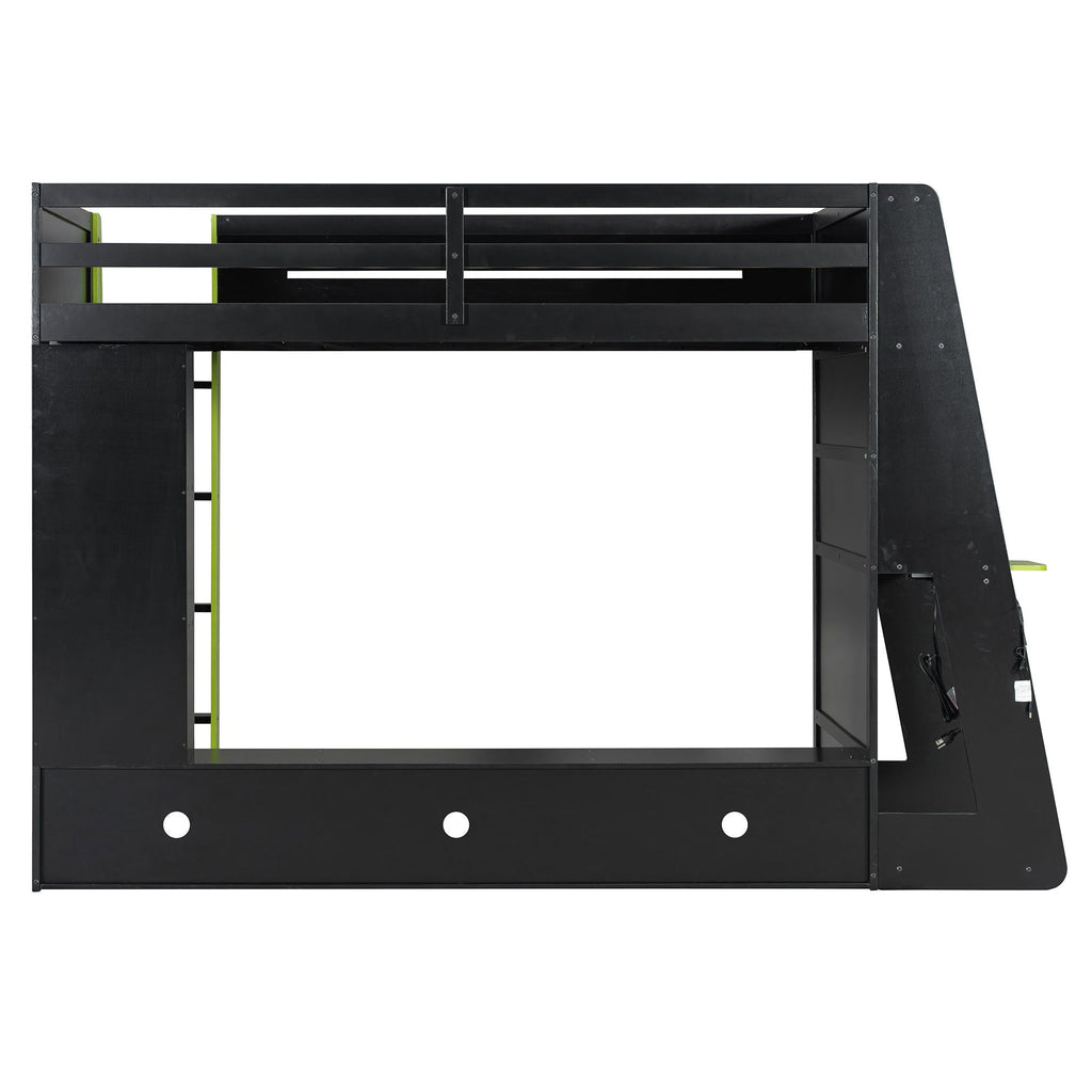 Twin Size Wood Loft Bed with Desk, Multi-storage Shelves and RGB Light, Green