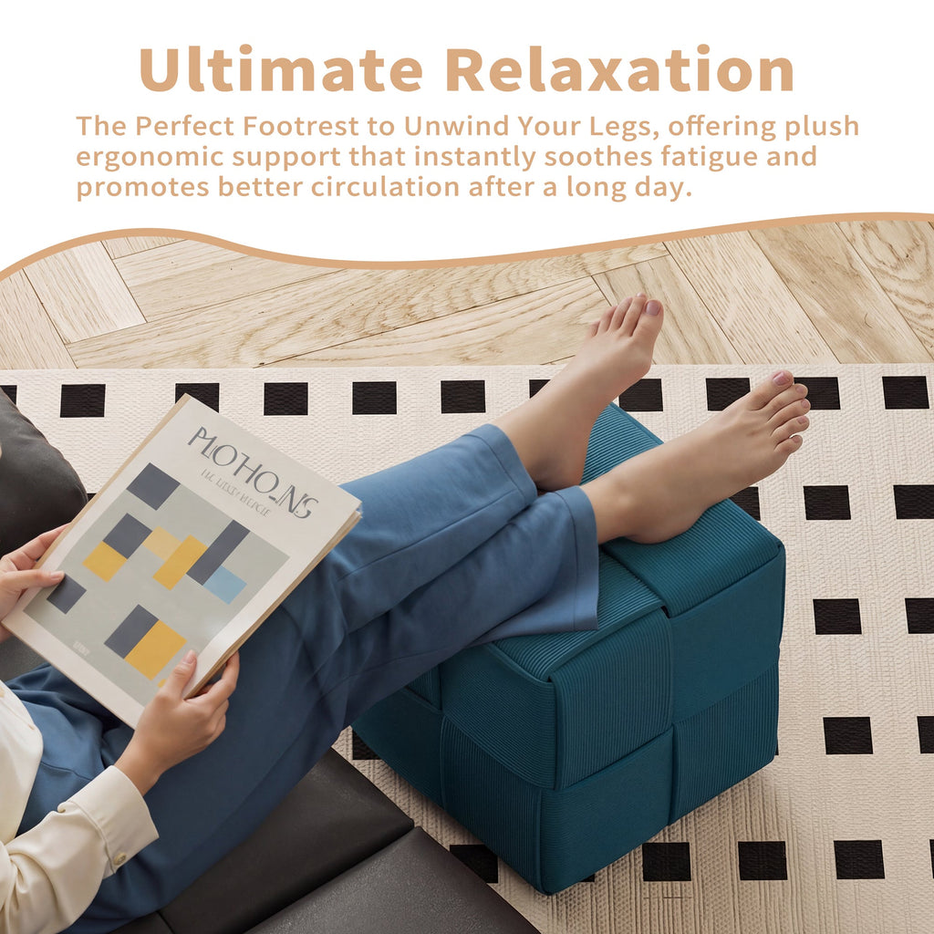 Square Corduroy Ottoman Foot Rest with Soft Comfort and Sturdy Design in Blue,