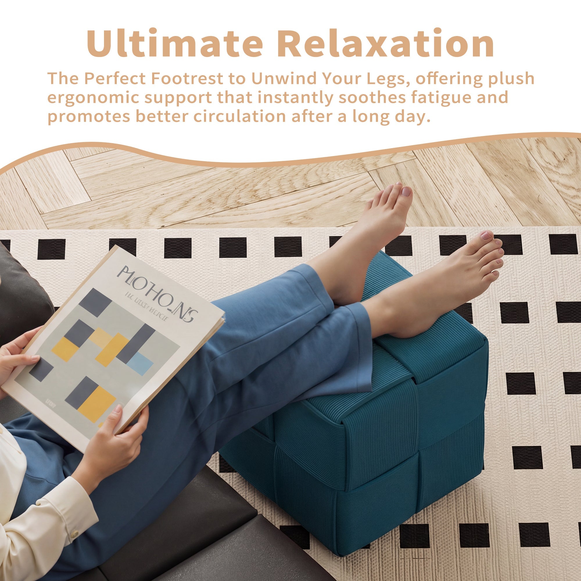 Square Corduroy Ottoman Foot Rest with Soft Comfort and Sturdy Design in Blue,