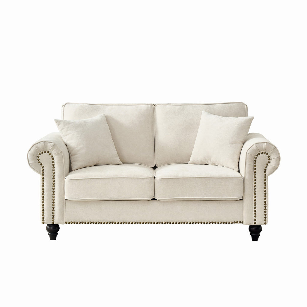Loveseat Chenille Beige Rolled Arms Nailhead Trim 63 In 700 LB