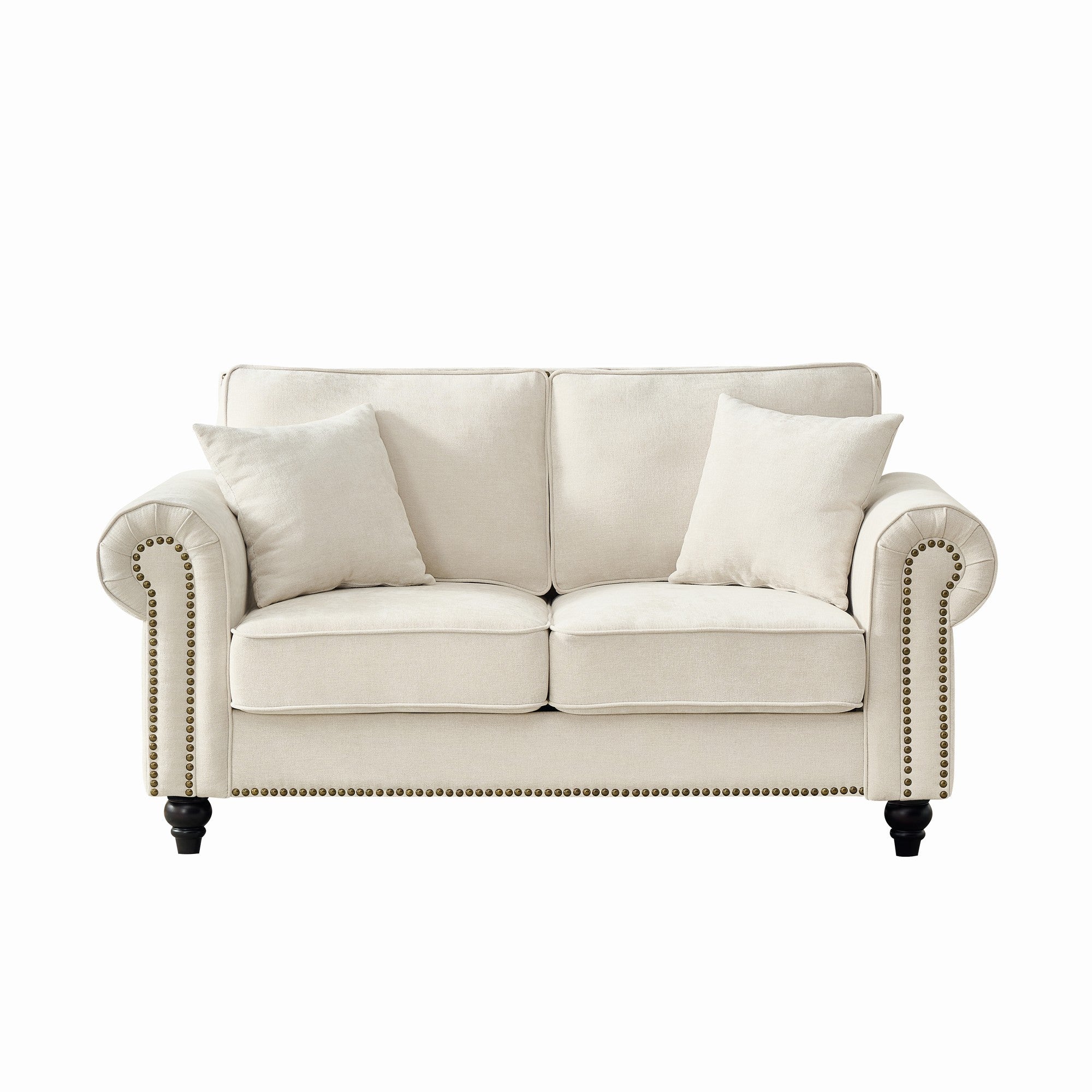 Loveseat Chenille Beige Rolled Arms Nailhead Trim 63 In 700 LB
