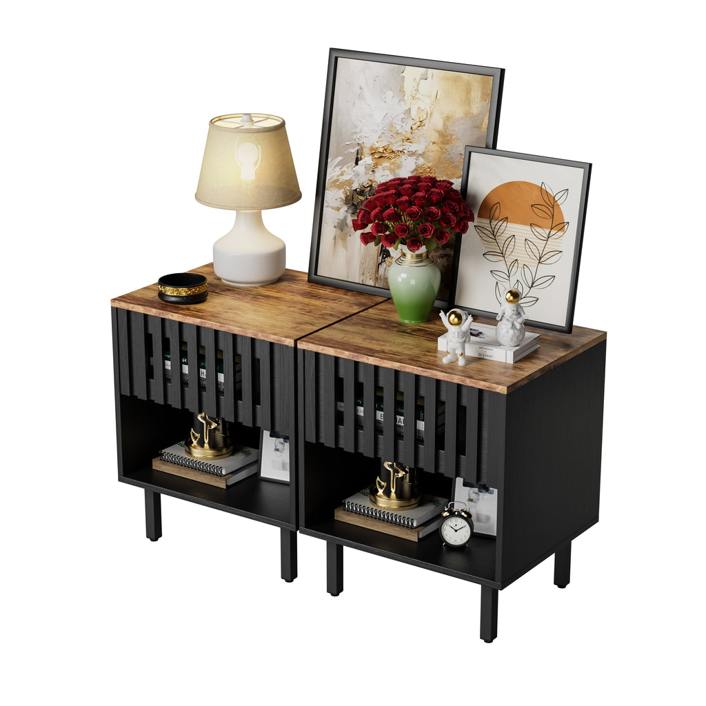 Set of 2 Mid Century Nightstands, Grille Slatted Drawer, Metal Legs, Bedroom