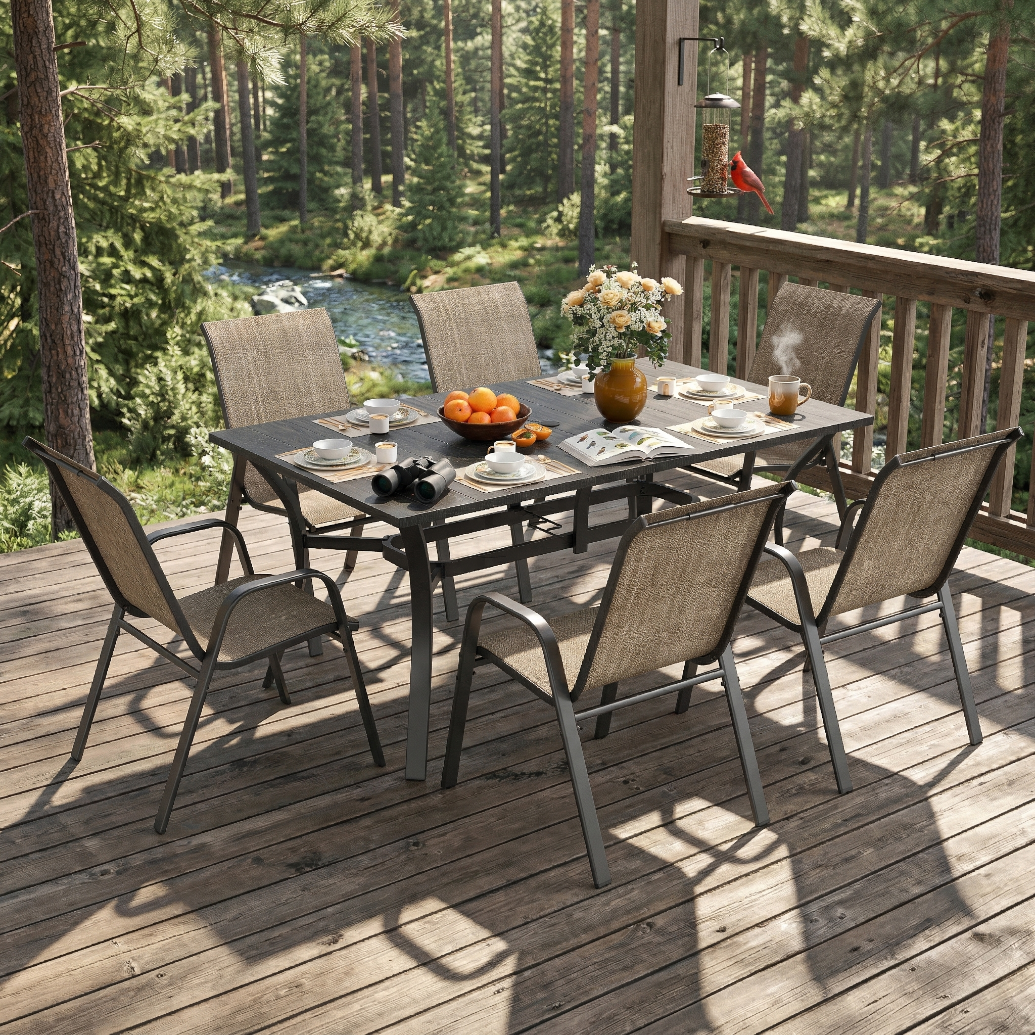 7-Piece Outdoor Patio Dining Set, 63' x 38' Rectangular Wood-Grain Metal Table
