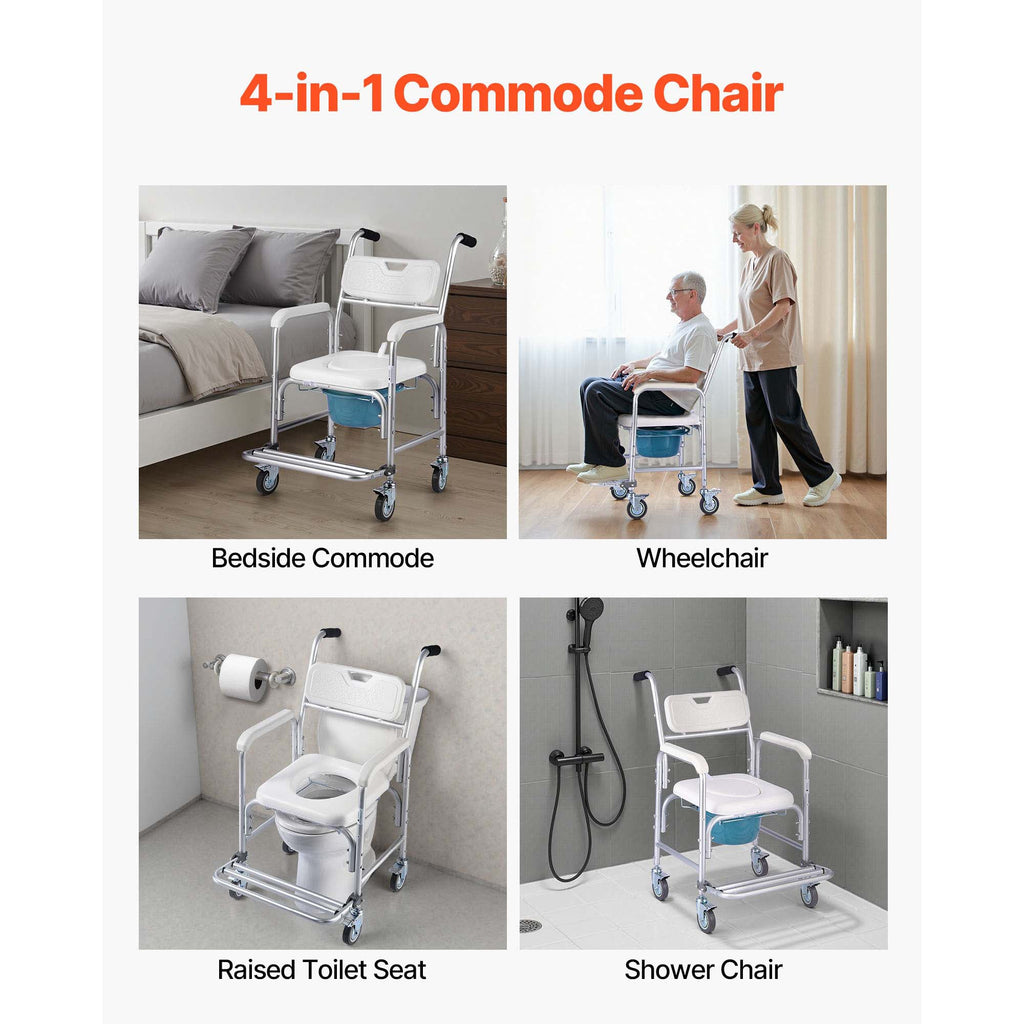 Commode Chair 4-Wheel 4-in-1 Aluminum 350 LB Rolling Lockable Padded Seat