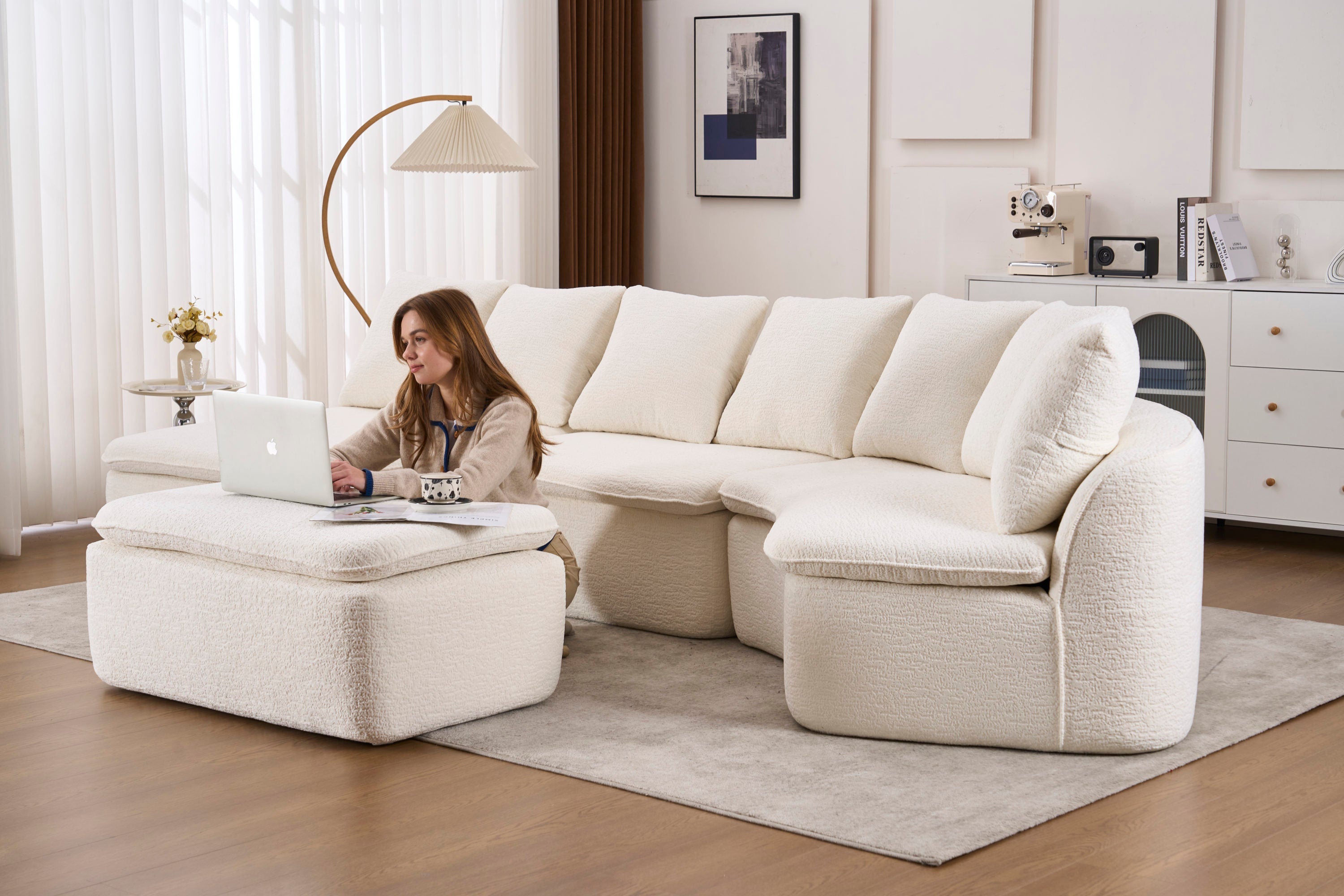 Sectional Sofa U-Shape Chenille Milk White 10 Seat Modular 128 In