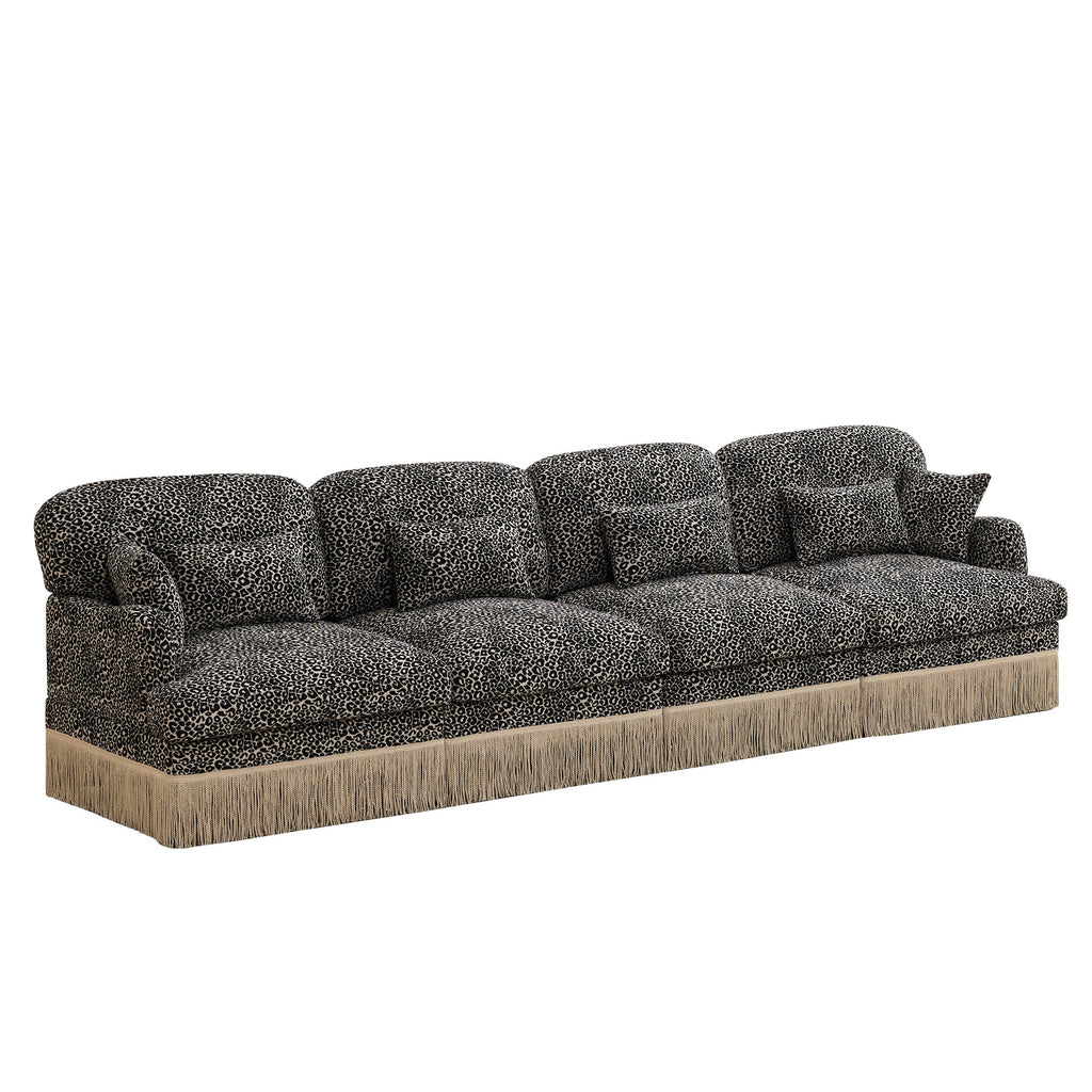 Sectional Sofa Modular Chenille Leopard Print Khaki 4 Seat Deep Seat