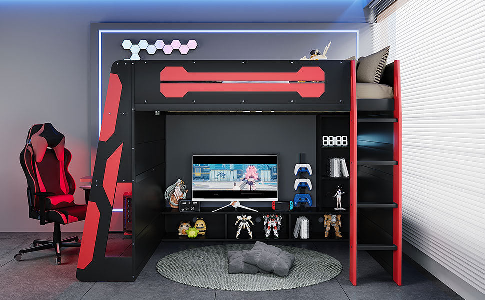 Full Size Wood Loft Bed with Desk, Multi-storage Shelves and RGB Light, Red