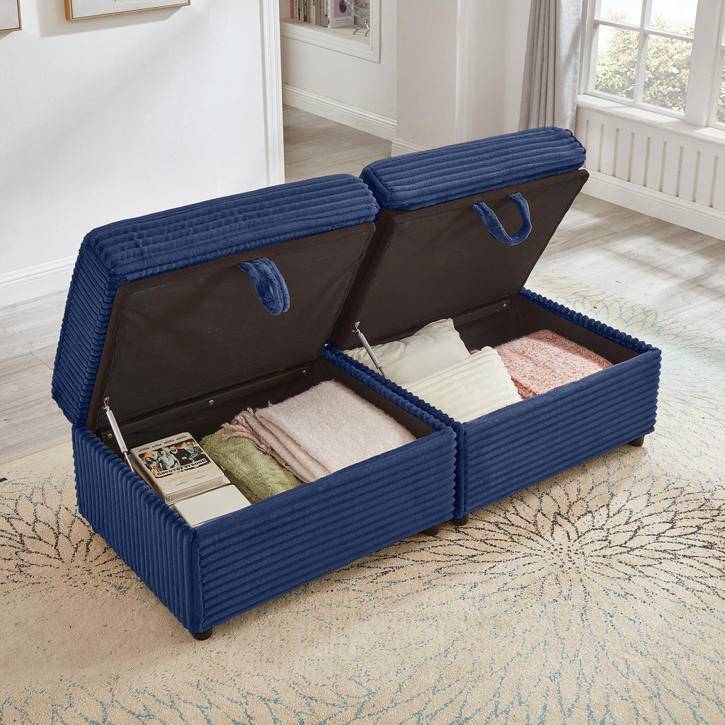 Convertable Loveseat L-Shape Corduroy Blue Storage Chaise 2 Ottomans USB 69 In