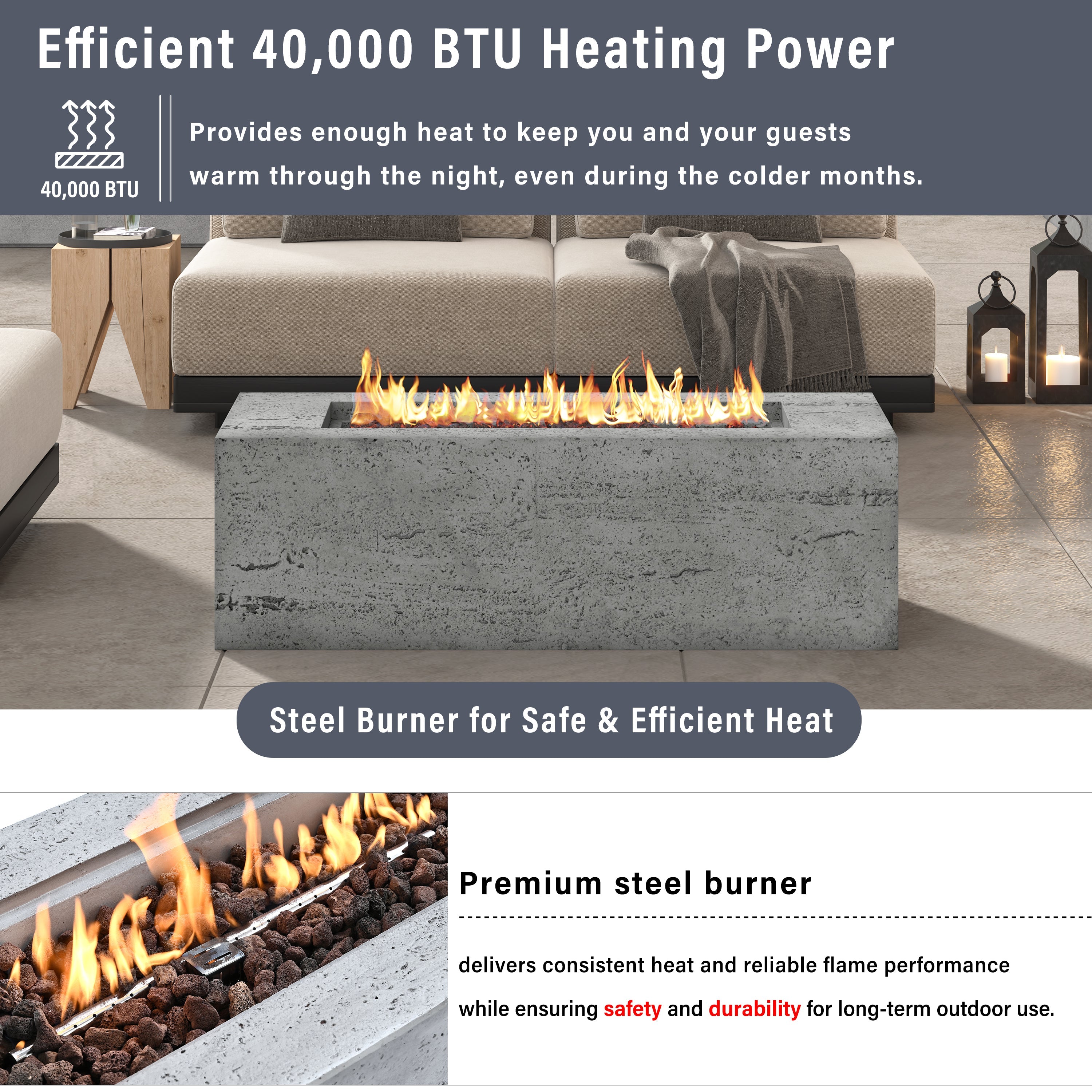 Fire Pit Propane Rectangular MGO Gray 40000 BTU with Tank Cover 41.9 In