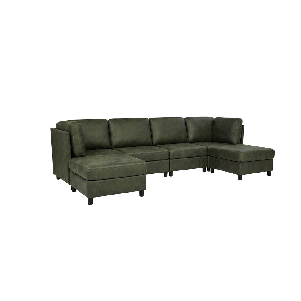 Sectional Sofa Modular Faux Leather Olive 6 Seat 124 In