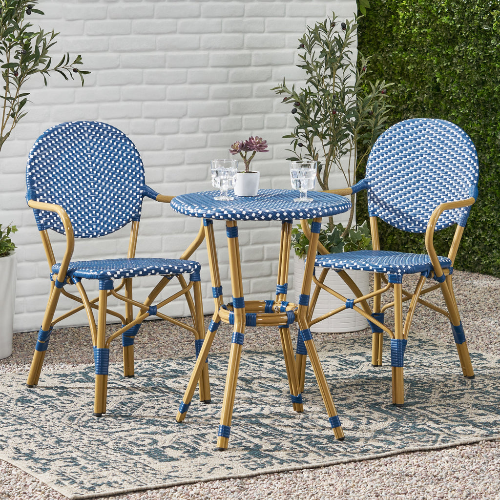 Outdoor PE Rattan and Aluminum 3 Piece French Bistro Set, Dark Teal & White,