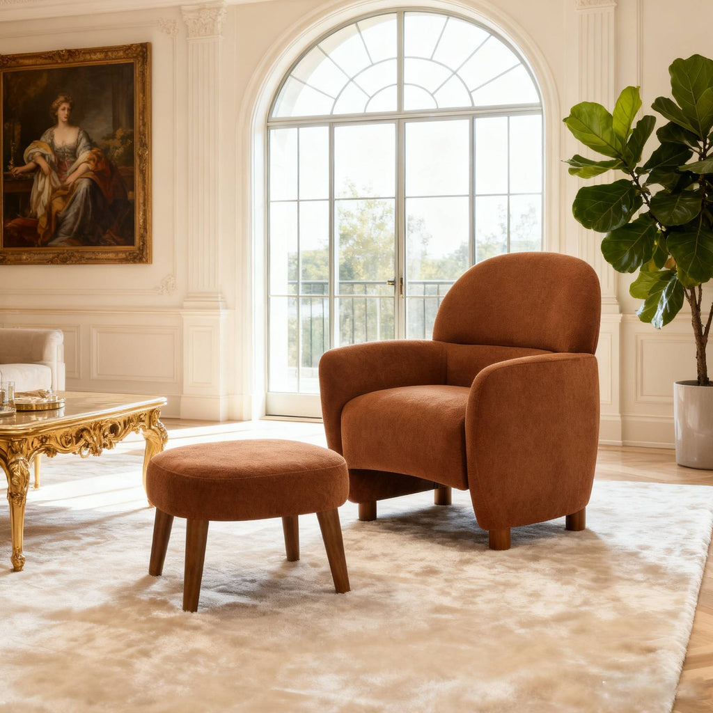 Accent Chair Minimalist Fabric Orange with Ottoman Footrest 30x30x33 In
