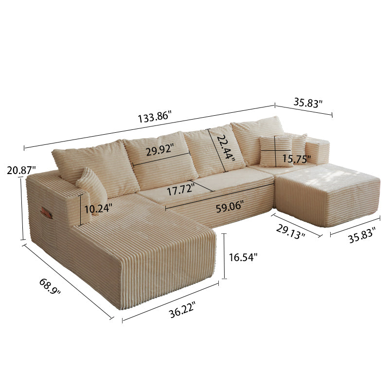 Sectional Sofa U-Shape Cloud Modular Beige 4 Seat 134 In No Assembly