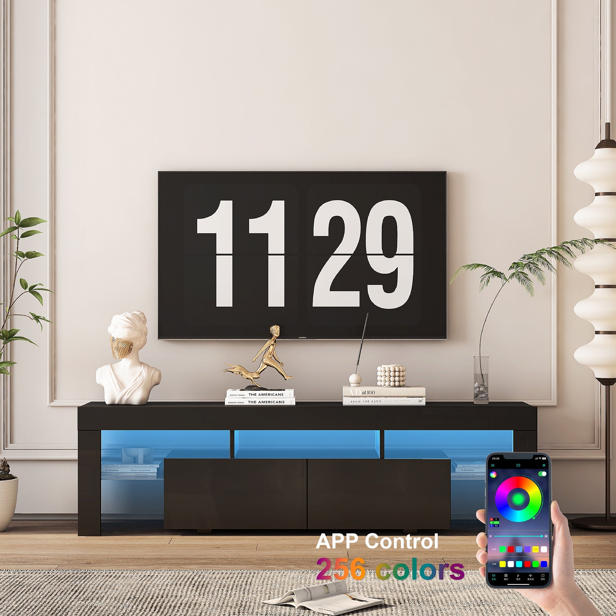 TV Stand LED High Gloss Black Storage Cabinet Fits 65
