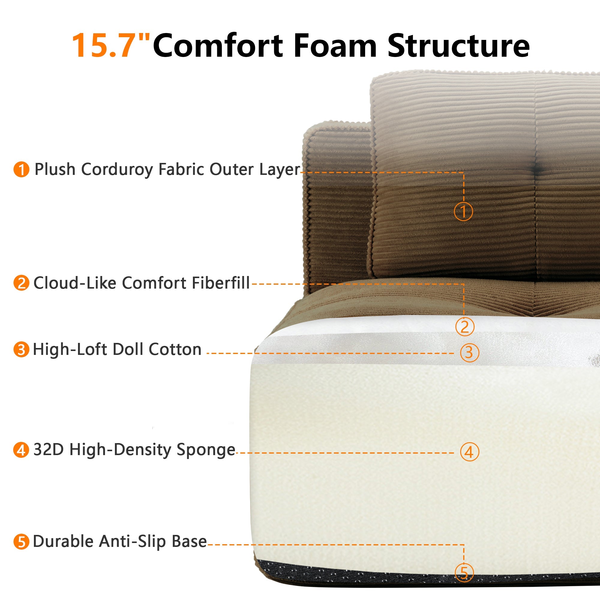 Sectional loveseat L-Shape Corduroy Brown 2 Seat Modular with Ottoman 82 In