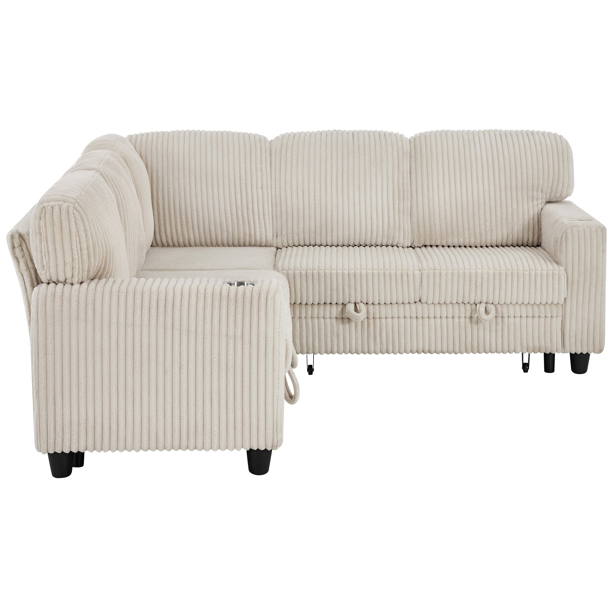 Sofa Bed L-Shape Corduroy Beige 5 Seat Pull-Out USB Ports 81 In