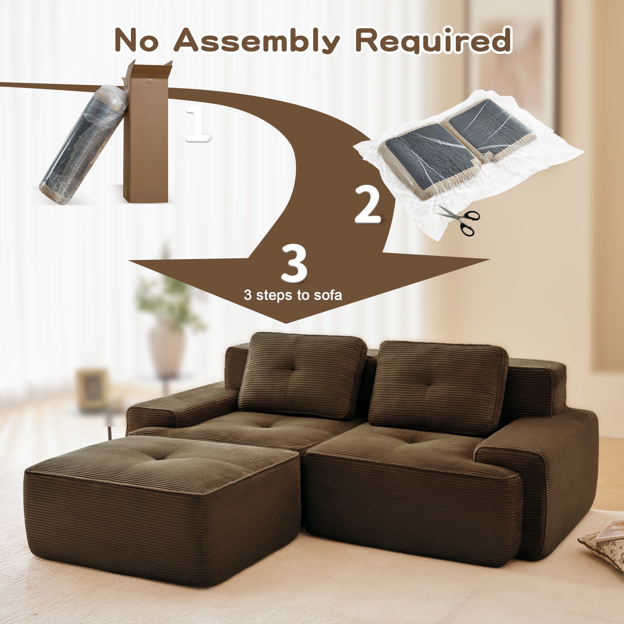 Sectional loveseat L-Shape Corduroy Brown 2 Seat Modular with Ottoman 82 In