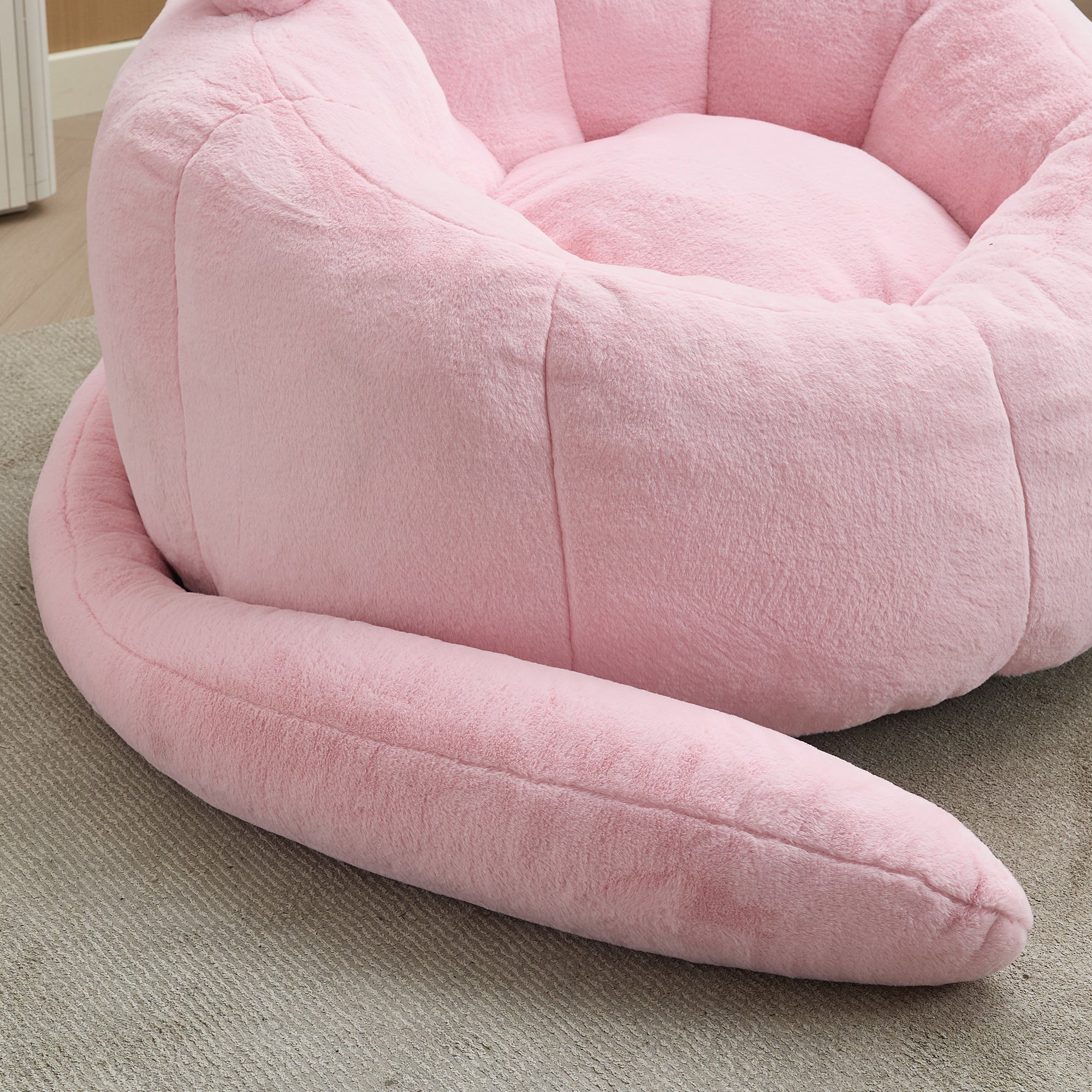 Pink Cat-shaped Adult Bean Bag Sofa with High-Density Foam, Faux Fur Upholstery