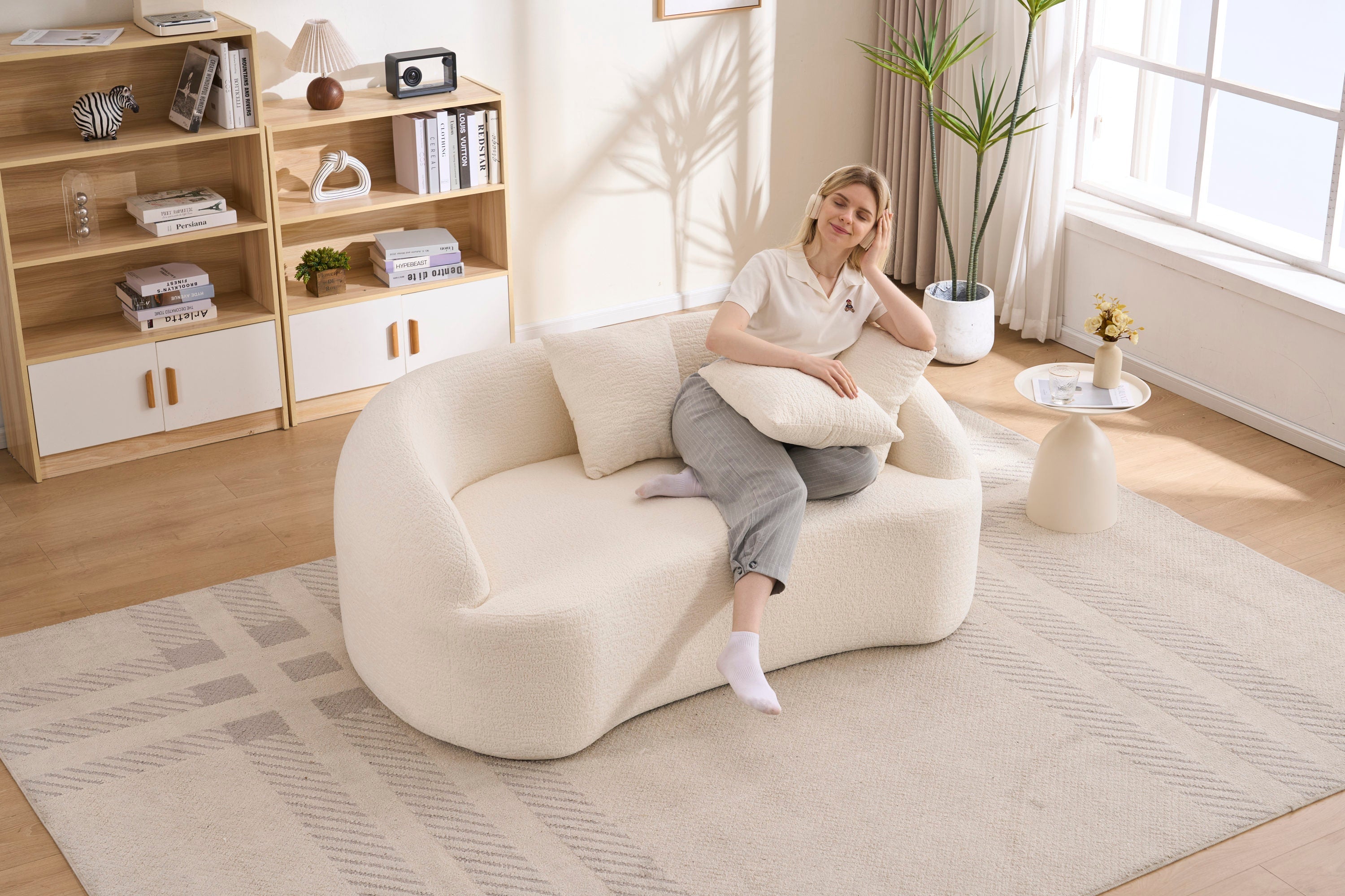 Loveseat Curved Modern Chenille Off-White 2 Seat 3 Pillows 65 In