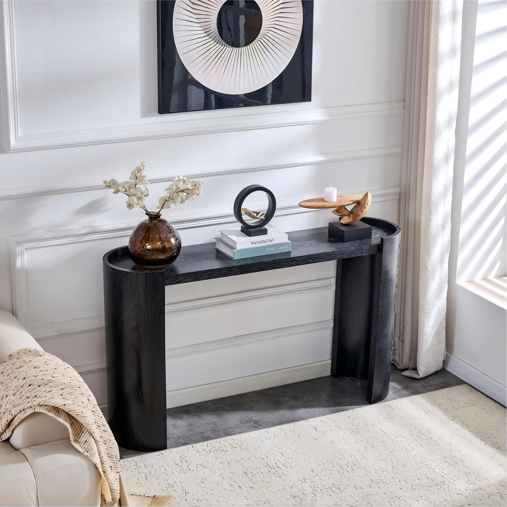 Black Curved Foyer Table, Wood Grain Minimalist Entrance Side Table