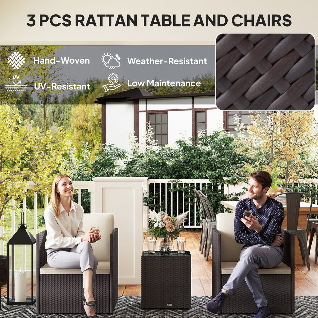 Outdoor Bistro Set PE Rattan Brown Folding 3 Piece Tempered Glass Table