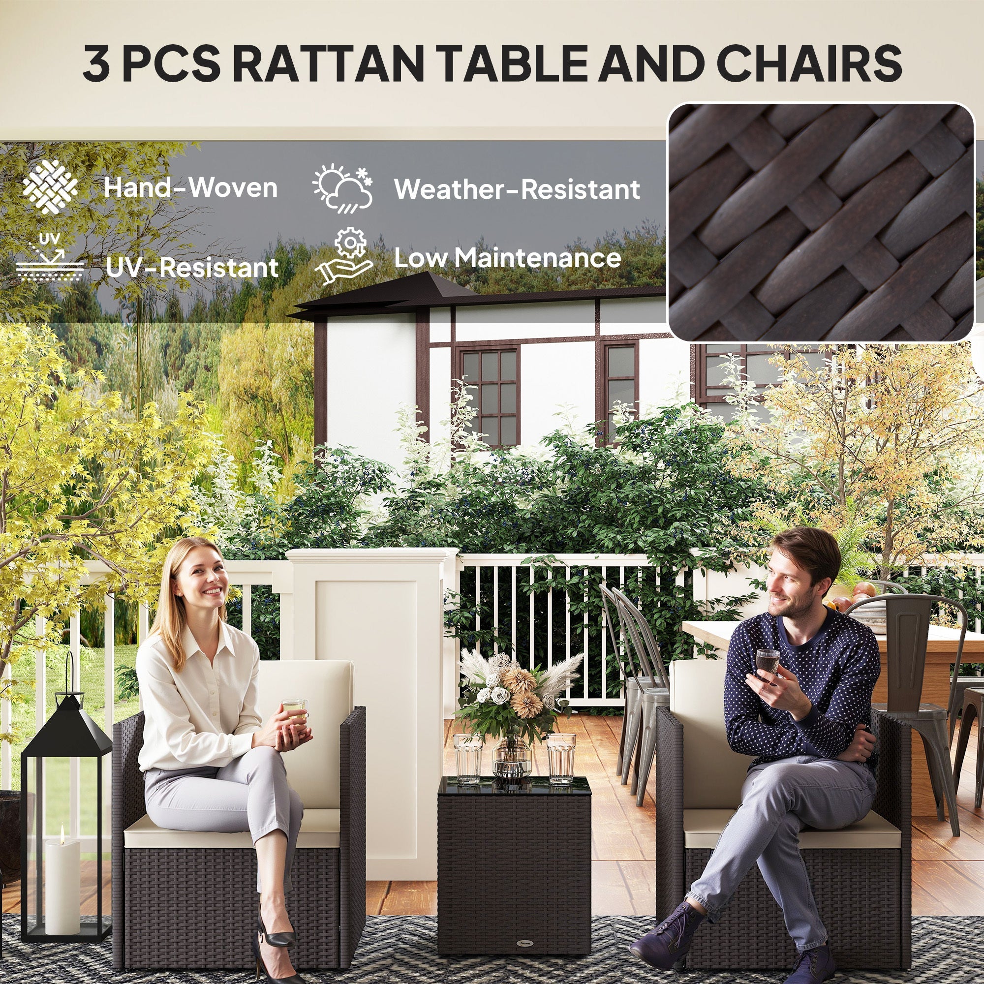 Outdoor Bistro Set PE Rattan Brown Folding 3 Piece Tempered Glass Table