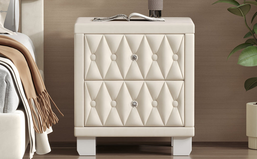 Velvet Nightstand with 2 Drawers, Crystal Handle, Button-Tufted, Beige