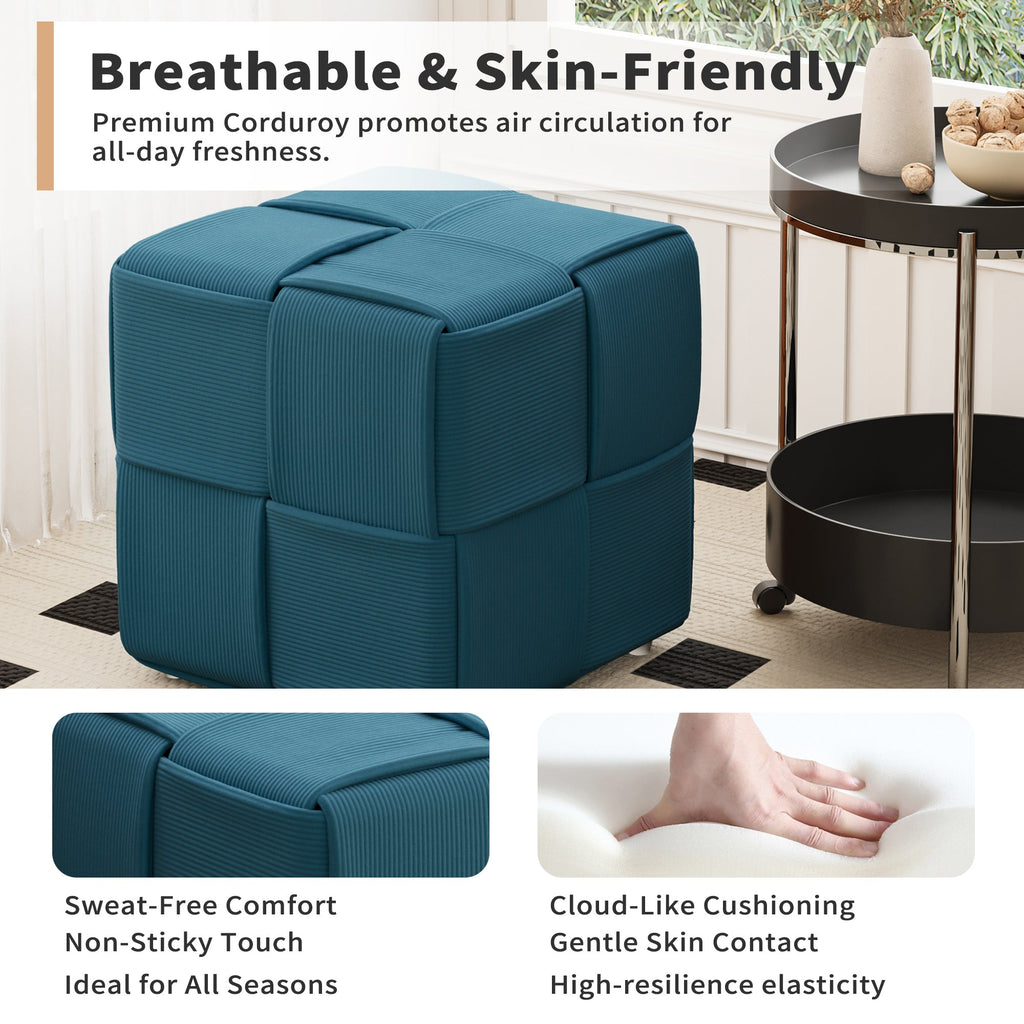 Square Corduroy Ottoman Foot Rest with Soft Comfort and Sturdy Design in Blue,