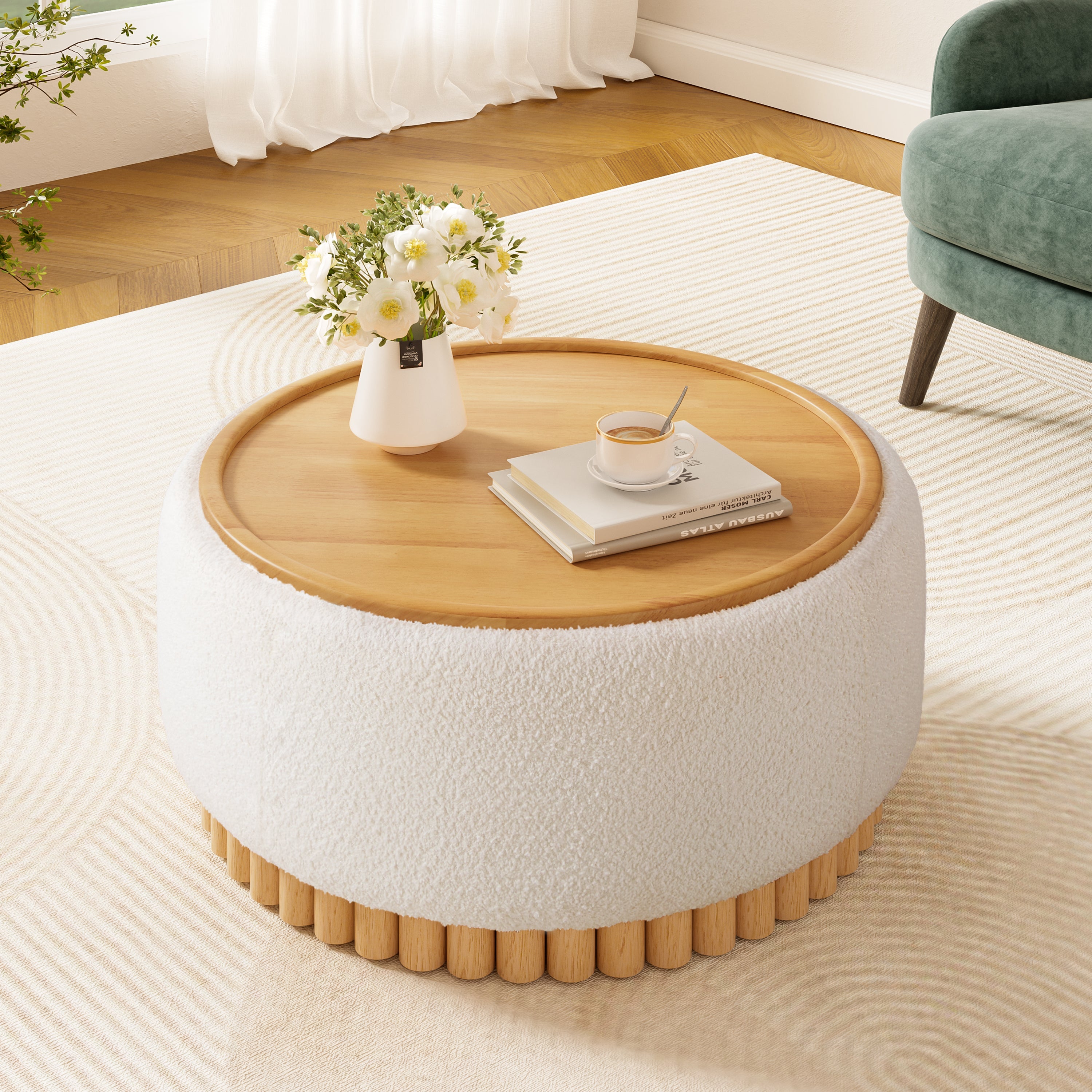 29' Round Storage Ottoman with Solid Wood Legs, Boucle Fabric, No Assembly