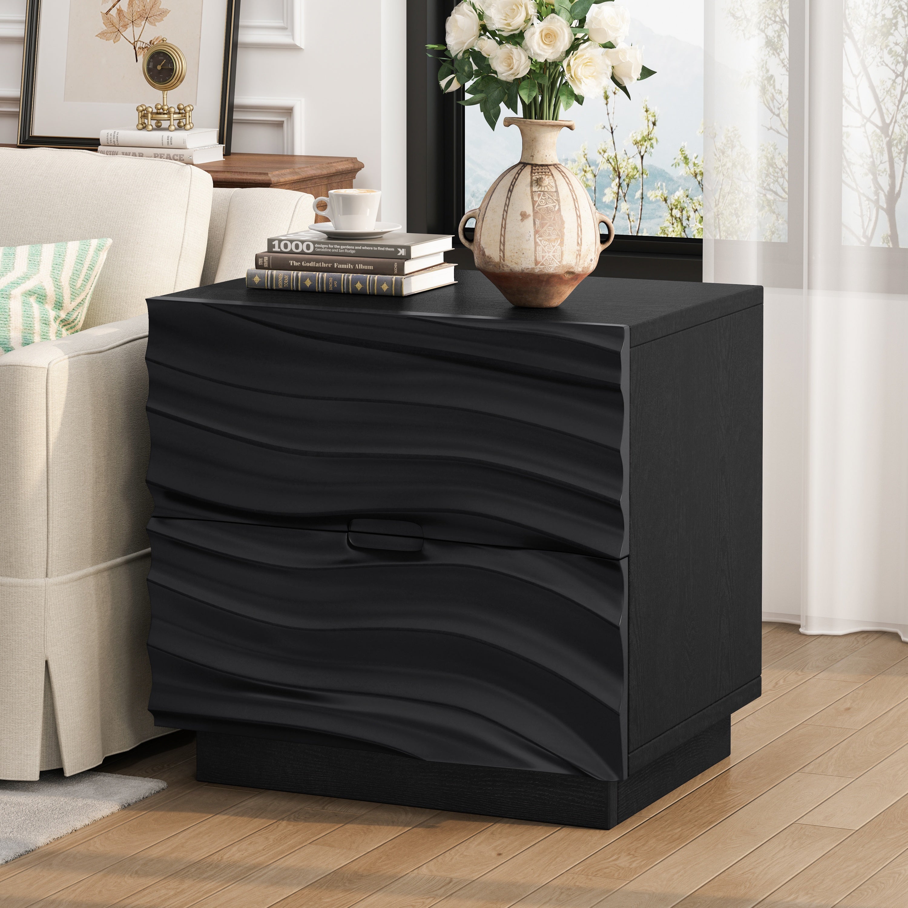 Solid Wood Nightstands Set of 2, 2 Drawers, No Handles, Living Room, Black