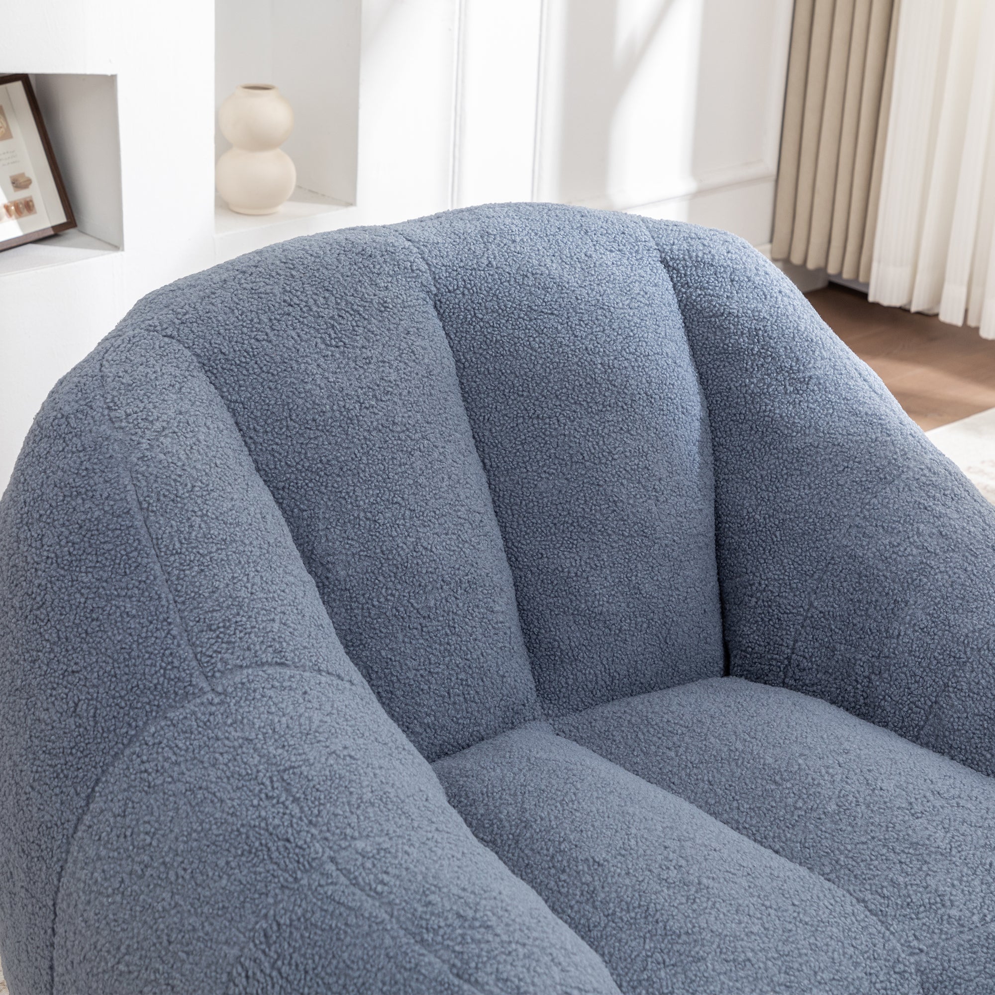 Bean Bag Chair Plush Faux Fur Light Blue Memory Foam Ergonomic Armrests 37.4 In