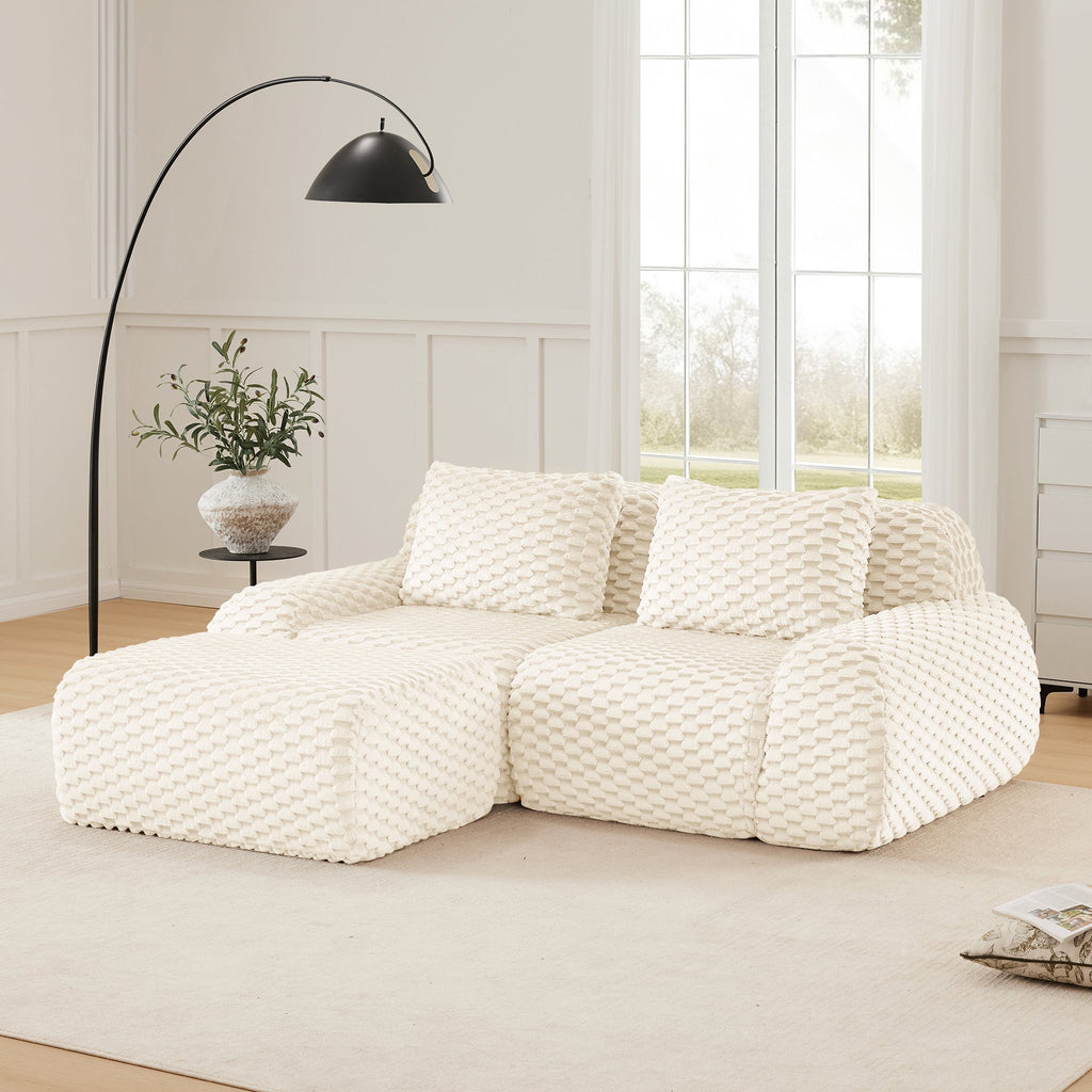 Sectional loveseat L-Shape Flannelette Cream 2 Seat with Ottoman 82 In