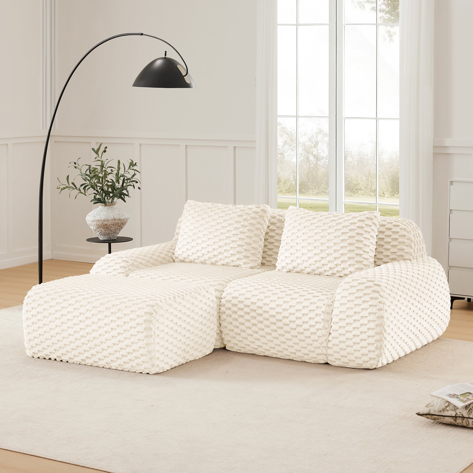Sectional loveseat L-Shape Flannelette Cream 2 Seat with Ottoman 82 In