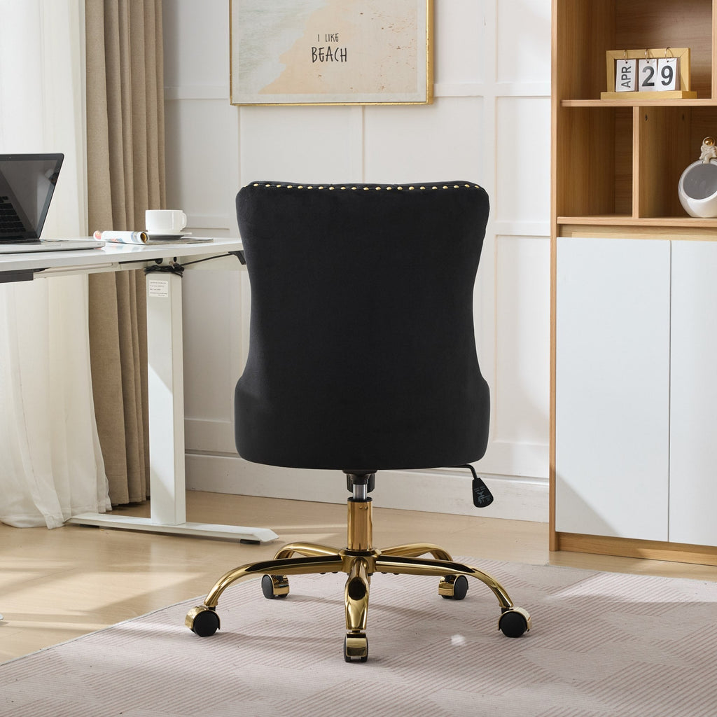 Swivel Office Chair Velvet Black Tufted Button Gold Metal Base 24.8x38.6 In