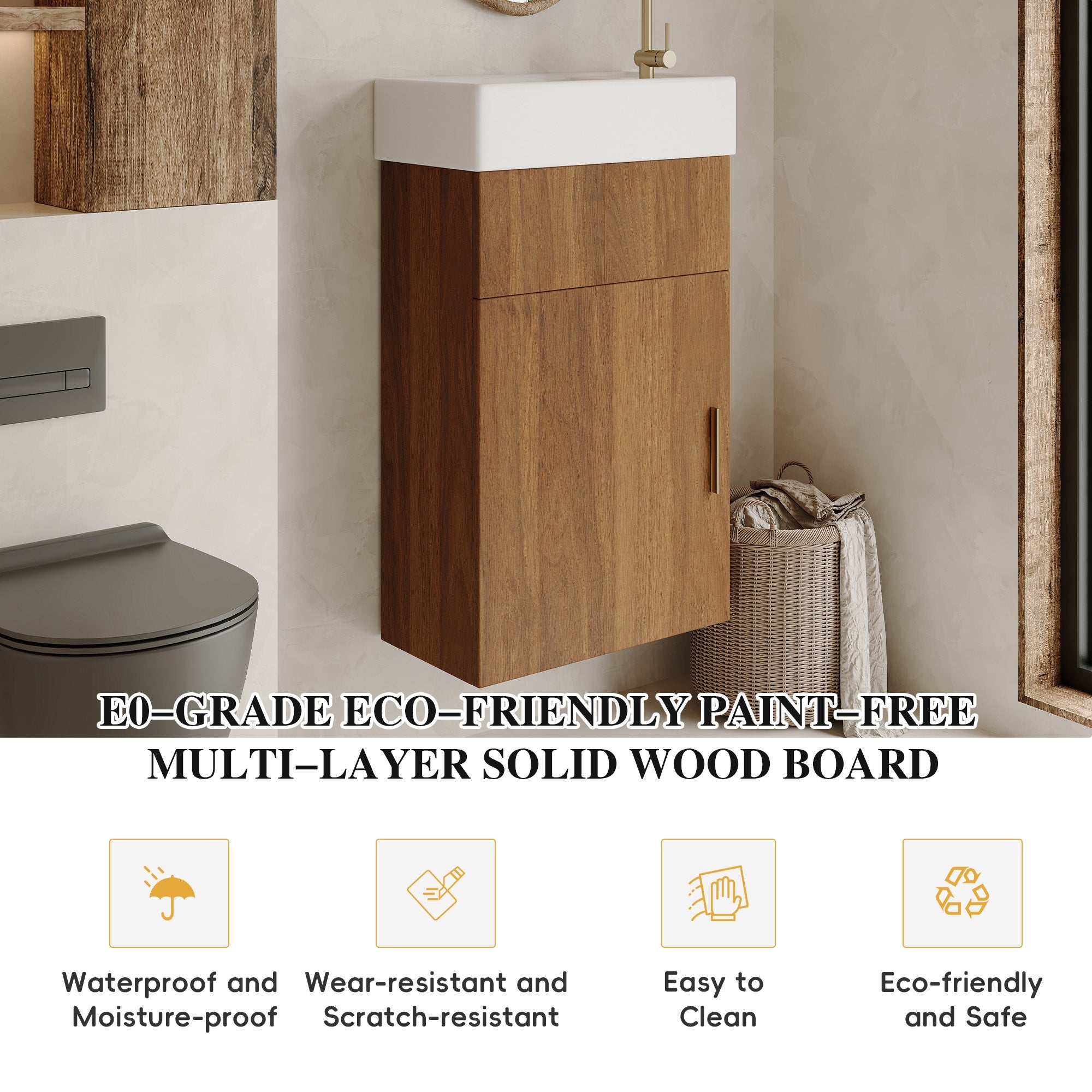 16.5 Inches Modern Floating Bathroom Vanity with Integrated Ceramic Basin Storage