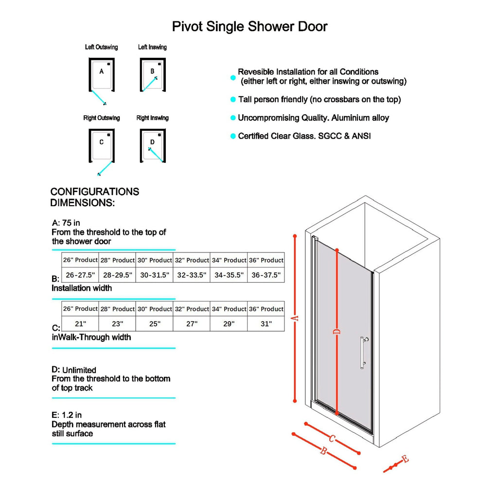32-33.5in W x 75in H Pivot Single Swing Shower Door, Matte Black, 6mm Glass