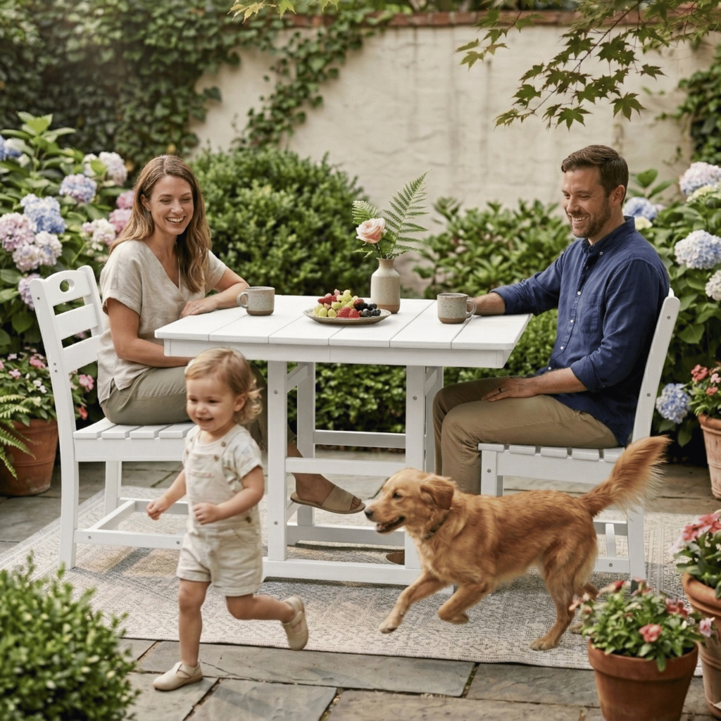 Outdoor Patio Dining Set HDPE White 3 Piece Square Table 2 Chairs Seats 2