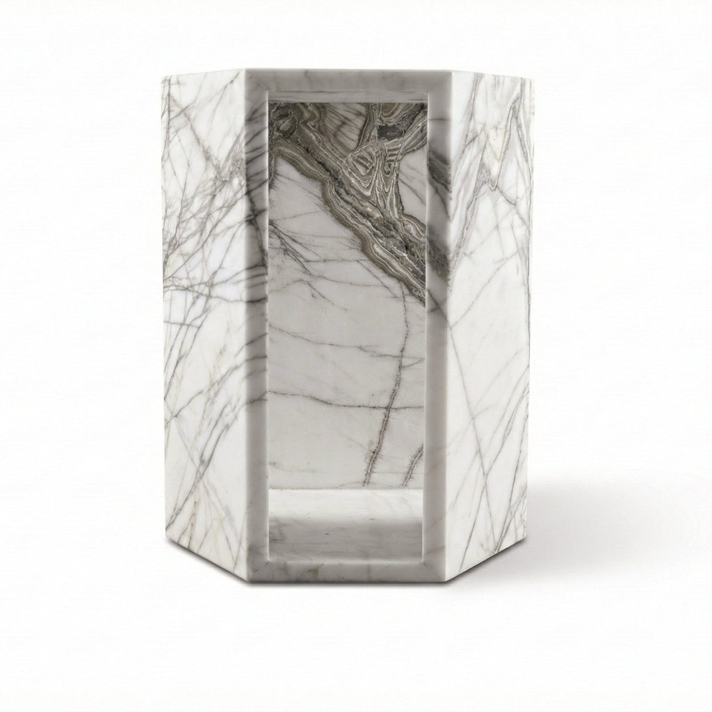 White Marble Hexagon Side Table, 15.7 in, Geometric Stone, Polished Pedestal