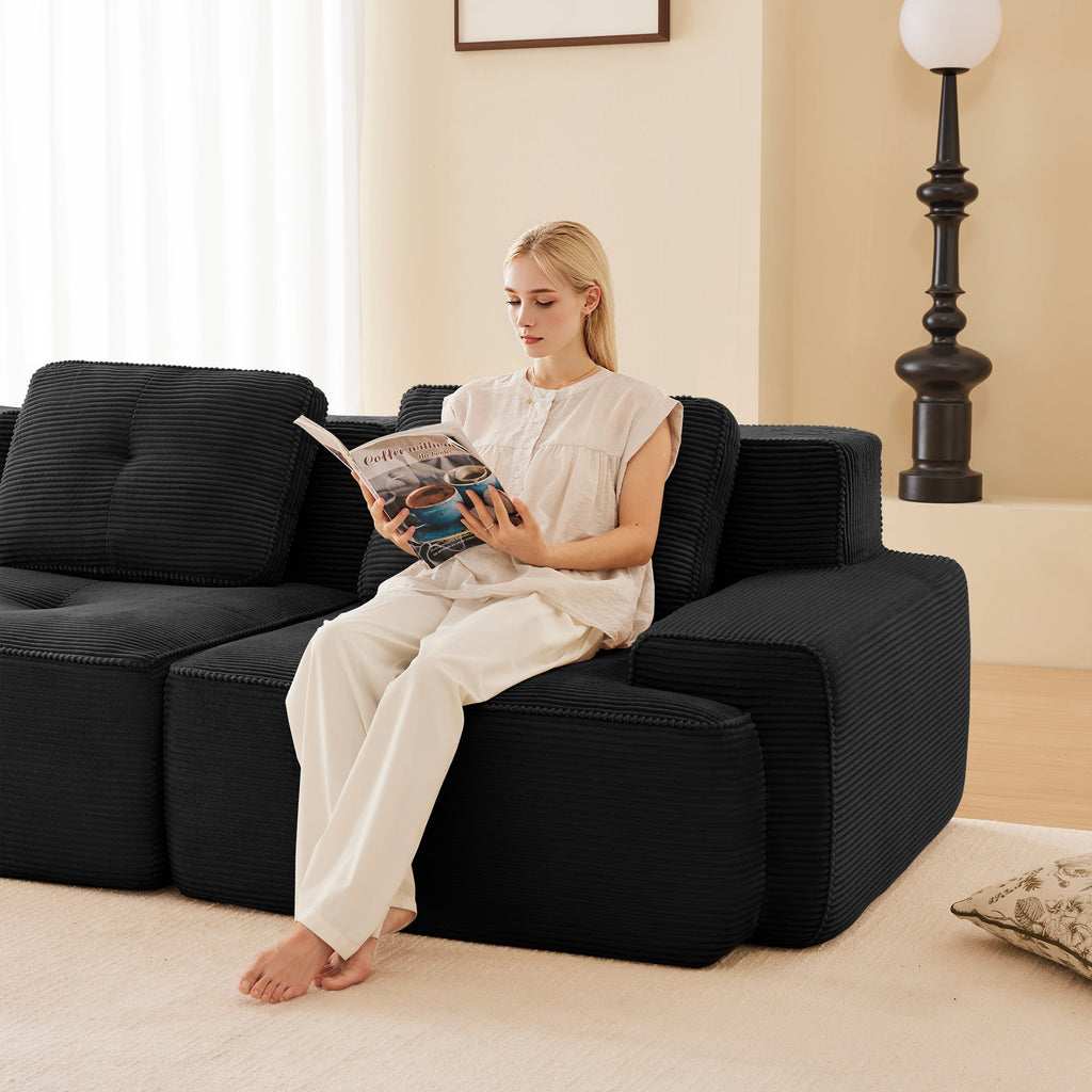 Sectional Sofa Modular Corduroy Black 3 Seat Tufted No Assembly