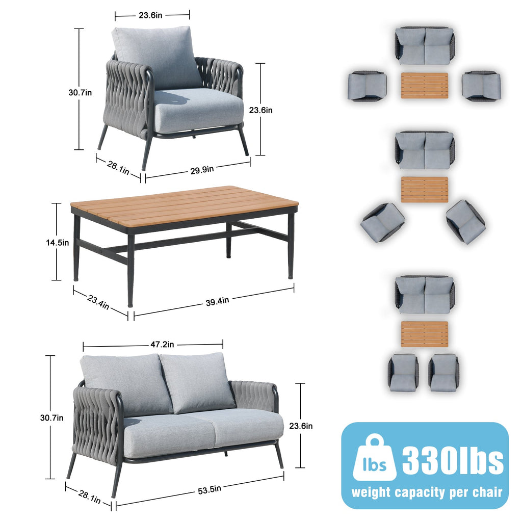Outdoor Conversation Set Woven Rope Black Gray 4 Piece Olefin Cushions